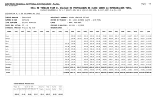 DIRECCION REGIONAL SECTORIAL DE EDUCACION - TACNA                                                                                                                                                                Página:      146
Ruc :20325722941
                                          HOJA DE TRABAJO PARA EL CALCULO DE PREPARACION DE CLASE SOBRE LA REMUNERACION TOTAL
                                                         CALCULO REALIZADO AL 30 %; Y AJUSTES DEL 16% A LOS D.U.090-1996, D.U.073-1997, D.U.011-1999

LIQUIDACION AL 31 DE DICIEMBRE DEL 2011

CODIGO MODULAR          : 1000791656                                        APELLIDOS Y NOMBRES: SEGURA LANCHIPA VICENTE
NUMERO DE DNI           : 00791656                                          CENTRO DE TRABAJO        : IE. 42064 ALFONSO UGARTE - ALTO PERU
TIPO SERVIDOR           : Docente Nombrado                                  CARGO                    : PROF. POR HORA
NIVEL MAG. ACTUAL: II - 24                                                  PERIODO A ANALIZAR : 02/1991 - 12/2011
EXPEDIEN. PROCESO: Proceso N§ 3530                                          OBSERVACIONES            :

   Meses     1991       1992       1993         1994    1995      1996       1997      1998      1999      2000     2001     2002     2003     2004     2005     2006     2007     2008     2009     2010      2011        Total



Enero                                                                                                      293.38   293.38   293.38   293.38   338.36   372.86   403.99   426.27   426.27   426.27   426.27     426.27     4,420.08

Febrero                                                                                                    293.38   293.38   293.38   293.38   338.36   372.86   403.99   426.27   426.27   426.27   426.27     426.27     4,420.08

Marzo                                                                                                      293.38            293.38   293.38   338.36   372.86   403.99   426.27   426.27   426.27   426.27     426.27     4,126.70

Abril                                                                                             293.38   293.38            293.38   293.38   338.36   372.86   403.99   426.27   426.27   426.27   426.27     426.27     4,420.08

Mayo                                                                                              293.38   293.38            293.38   338.36   359.36   394.99   415.54   426.27   426.27   426.27   426.27     426.27     4,519.74

Junio                                                                                             293.38   293.38            293.38   338.36   359.36   394.99   415.54   426.27   426.27   426.27   426.27     426.27     4,519.74

Julio                                                                                             293.38   293.38            293.38   338.36   359.36   394.99   415.54   426.27   426.27   426.27   426.27     426.27     4,519.74

Agosto                                                                                            293.38   293.38            293.38   338.36   372.86   403.99   415.54   426.27   426.27   426.27   426.27     426.27     4,542.24

Setiembre                                                                                         293.38   293.38            293.38   338.36   372.86   403.99   426.27   426.27   426.27   426.27   426.27     426.27     4,552.97

Octubre                                                                                           293.38   293.38            293.38   338.36   372.86   403.99   426.27   426.27   426.27   426.27   426.27     426.27     4,552.97

Noviembre                                                                                         293.38   293.38            293.38   338.36   372.86   403.99   426.27   426.27   426.27   426.27   426.27     426.27     4,552.97

Diciembre                                                                                         293.38   293.38            293.38   338.36   372.86   403.99   426.27   426.27   426.27   426.27   426.27     426.27     4,552.97

Usuario                                                                                         2,640.42 3,520.56   586.76 3,520.56 3,880.40 4,295.82 4,696.36 4,983.20 5,115.24 5,115.24 5,115.24 5,115.24   5,115.24 53,700.28

Essalud                                                                                           237.64   316.85    52.81   316.85   316.85   316.85   316.85   316.85   316.85   316.85   316.85   316.85     316.85     3,923.60

TOTAL                                                                                           2,878.06 3,837.41   639.57 3,837.41 4,197.25 4,612.67 5,013.21 5,300.05 5,432.09 5,432.09 5,432.09 5,432.09   5,432.09 57,623.88




            COSTO MENSUAL PERIODO 2012

            Prepa. de          Ajuste del 16%           Importe    Total     Aporte    Costo
            Clase 30% DU.090-96 DU.073-97 DU.011-99     Pagado    Usuario    Essalud   Total



             369.25      24.65      28.60       33.17    29.41    426.27      38.36    464.63
 