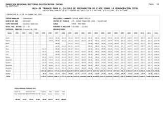 DIRECCION REGIONAL SECTORIAL DE EDUCACION - TACNA                                                                                                                                                               Página:      148
Ruc :20325722941
                                          HOJA DE TRABAJO PARA EL CALCULO DE PREPARACION DE CLASE SOBRE LA REMUNERACION TOTAL
                                                          CALCULO REALIZADO AL 30 %; Y AJUSTES DEL 16% A LOS D.U.090-1996, D.U.073-1997, D.U.011-1999

LIQUIDACION AL 31 DE DICIEMBRE DEL 2011

CODIGO MODULAR          : 1000493407                                         APELLIDOS Y NOMBRES: CUTIPA RAMOS OFELIA
NUMERO DE DNI           : 00493407                                           CENTRO DE TRABAJO      : IE. 42068 FRANCISCO LASO - VILAVILANI
TIPO SERVIDOR           : Docente Nombrado                                   CARGO                  : PROF. POR HORA
NIVEL MAG. ACTUAL: II - 24                                                   PERIODO A ANALIZAR : 02/1991 - 12/2011
EXPEDIEN. PROCESO: Proceso N§ 3769                                           OBSERVACIONES          :

   Meses     1991       1992       1993         1994     1995      1996       1997      1998     1999     2000     2001     2002     2003     2004     2005     2006     2007     2008     2009     2010      2011        Total



Enero                                                              134.24      186.96   231.12   231.12   291.47   291.47   306.46   306.46   336.46   373.49   403.49   425.77   425.77   425.77   425.77     425.77     5,221.59

Febrero                                                            134.24      186.96   231.12   231.12   291.47   291.47   306.46   306.46   336.46   373.49   403.49   425.77   425.77   425.77   425.77     425.77     5,221.59

Marzo                                                                          186.96            231.12   291.47            306.46   306.46   336.46   373.49   403.49   425.77   425.77   425.77   425.77     425.77     4,564.76

Abril                                                                          186.96   231.12   291.47   291.47            306.46   306.46   336.46   373.49   403.49   425.77   425.77   425.77   425.77     425.77     4,856.23

Mayo                                                      134.24               186.96   231.12   291.47   291.47            306.46   336.46   359.99   394.49   415.04   425.77   425.77   425.77   425.77     425.77     5,076.55

Junio                                                     134.24               186.96   231.12   291.47   291.47   291.47   306.46   336.46   359.99   394.49   415.04   425.77   425.77   425.77   425.77     425.77     5,368.02

Julio                                                     134.24               186.96   231.12   291.47   291.47   291.47   306.46   336.46   359.99   394.49   415.04   425.77   425.77   425.77   425.77     425.77     5,368.02

Agosto                                                    134.24   134.24      231.12   231.12   291.47   291.47   291.47   306.46   336.46   373.49   403.49   415.04   425.77   425.77   425.77   425.77     425.77     5,568.92

Setiembre                                                 134.24   134.24      231.12   231.12   291.47   291.47   306.46   306.46   336.46   373.49   403.49   425.77   425.77   425.77   425.77   425.77     425.77     5,594.64

Octubre                                                   134.24   134.24      231.12   231.12   291.47   291.47   306.46   306.46   336.46   373.49   403.49   425.77   425.77   425.77   425.77   425.77     425.77     5,594.64

Noviembre                                                 134.24   186.96      231.12   231.12   291.47   291.47   306.46   306.46   336.46   373.49   403.49   425.77   425.77   425.77   425.77   425.77     425.77     5,647.36

Diciembre                                                 134.24   186.96      231.12   231.12   291.47   291.47   306.46   306.46   336.46   373.49   403.49   425.77   425.77   425.77   425.77   425.77     425.77     5,647.36

Usuario                                                 1,073.92 1,045.12 2,464.32 2,542.32 3,316.59 3,497.64 2,683.19 3,677.52 3,917.52 4,293.26 4,694.88 4,977.20 5,109.24 5,109.24 5,109.24 5,109.24      5,109.24 63,729.68

Essalud                                                    96.65     94.06     221.79   228.81   298.49   314.79   241.49   330.98   330.98   330.98   330.98   330.98   330.98   330.98   330.98   330.98     330.98     4,826.77

TOTAL                                                   1,170.57 1,139.18 2,686.11 2,771.13 3,615.08 3,812.43 2,924.68 4,008.50 4,248.50 4,624.24 5,025.86 5,308.18 5,440.22 5,440.22 5,440.22 5,440.22      5,440.22 68,556.45




            COSTO MENSUAL PERIODO 2012

            Prepa. de          Ajuste del 16%            Importe    Total     Aporte    Costo
            Clase 30% DU.090-96 DU.073-97 DU.011-99      Pagado    Usuario    Essalud   Total



             367.85      24.51      28.43       32.98     28.00    425.77      38.32    464.09
 