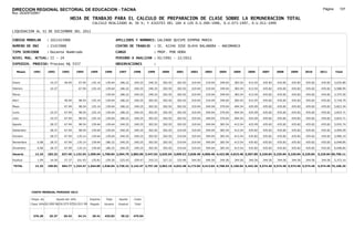 DIRECCION REGIONAL SECTORIAL DE EDUCACION - TACNA                                                                                                                                                               Página:      157
Ruc :20325722941
                                          HOJA DE TRABAJO PARA EL CALCULO DE PREPARACION DE CLASE SOBRE LA REMUNERACION TOTAL
                                                          CALCULO REALIZADO AL 30 %; Y AJUSTES DEL 16% A LOS D.U.090-1996, D.U.073-1997, D.U.011-1999

LIQUIDACION AL 31 DE DICIEMBRE DEL 2011

CODIGO MODULAR          : 1021423988                                         APELLIDOS Y NOMBRES: GALINDO QUISPE DIMPNA MARIA
NUMERO DE DNI           : 21423988                                           CENTRO DE TRABAJO      : IE. 42246 JOSE OLAYA BALANDRA - ANCOMARCA
TIPO SERVIDOR           : Docente Nombrado                                   CARGO                  : PROF. POR HORA
NIVEL MAG. ACTUAL: II - 24                                                   PERIODO A ANALIZAR : 02/1991 - 12/2011
EXPEDIEN. PROCESO: Proceso N§ 5557                                           OBSERVACIONES          :

   Meses     1991       1992       1993         1994     1995      1996       1997      1998     1999     2000     2001     2002     2003     2004     2005     2006     2007     2008     2009     2010      2011        Total



Enero                    10.37      46.94        67.94    135.14    139.64     186.22   240.25   240.25   302.92   302.92   319.04   319.04   349.04   383.54   413.54   435.82   435.82   435.82   435.82     435.82     5,635.89

Febrero                  10.37                   67.94    135.14    139.64     186.22   240.25   240.25   302.92   302.92   319.04   319.04   349.04   383.54   413.54   435.82   435.82   435.82   435.82     435.82     5,588.95

Marzo                                                              139.64      186.22   240.25   240.25   302.92   302.92   319.04   319.04   349.04   383.54   413.54   435.82   435.82   435.82   435.82     435.82     5,375.50

Abril                               46.94        98.54    135.14    139.64     186.22   240.25   302.92   302.92   302.92   319.04   319.04   349.04   383.54   413.54   435.82   435.82   435.82   435.82     435.82     5,718.79

Mayo                                67.94        98.54    135.14    139.64     186.22   240.25   302.92   302.92   302.92   319.04   349.04   370.04   404.54   425.09   435.82   435.82   435.82   435.82     435.82     5,823.34

Junio                    10.37      67.94        98.54    135.14    139.64     186.22   240.25   302.92   302.92   302.92   319.04   349.04   370.04   404.54   425.09   435.82   435.82   435.82   435.82     435.82     5,833.71

Julio                    10.37      67.94        98.54    135.14    139.64     186.22   240.25   302.92   302.92   302.92   319.04   349.04   370.04   404.54   425.09   435.82   435.82   435.82   435.82     435.82     5,833.71

Agosto                   28.37      67.94        98.54    139.64    139.64     240.25   240.25   302.92   302.92   302.92   319.04   349.04   383.54   413.54   425.09   435.82   435.82   435.82   435.82     435.82     5,932.74

Setiembre                28.37      67.94        98.54    139.64    139.64     240.25   240.25   302.92   302.92   319.04   319.04   349.04   383.54   413.54   435.82   435.82   435.82   435.82   435.82     435.82     5,959.59

Octubre                  28.37      67.94       135.14    139.64    139.64     240.25   240.25   302.92   302.92   319.04   319.04   349.04   383.54   413.54   435.82   435.82   435.82   435.82   435.82     435.82     5,996.19

Noviembre       6.08     28.37      67.94       135.14    139.64   186.22      240.25   240.25   302.92   302.92   319.04   319.04   349.04   383.54   413.54   435.82   435.82   435.82   435.82   435.82     435.82     6,048.85

Diciembre       6.08     28.37      67.94       135.14    139.64   186.22      240.25   240.25   302.92   302.92   319.04   319.04   349.04   383.54   413.54   435.82   435.82   435.82   435.82   435.82     435.82     6,048.85

Usuario        12.16    183.33    637.40 1,132.54 1,509.04 1,768.84 2,504.79 2,883.00 3,447.03 3,635.04 3,699.52 3,828.48 4,068.48 4,423.98 4,815.48 5,097.80 5,229.84 5,229.84 5,229.84 5,229.84            5,229.84 69,796.11

Essalud         1.09     16.50      57.37       101.93    135.81   159.20      225.43   259.47   310.23   327.15   332.96   344.56   344.56   344.56   344.56   344.56   344.56   344.56   344.56   344.56     344.56     5,372.14

TOTAL          13.25    199.83    694.77 1,234.47 1,644.85 1,928.04 2,730.22 3,142.47 3,757.26 3,962.19 4,032.48 4,173.04 4,413.04 4,768.54 5,160.04 5,442.36 5,574.40 5,574.40 5,574.40 5,574.40            5,574.40 75,168.25




            COSTO MENSUAL PERIODO 2012

            Prepa. de          Ajuste del 16%            Importe    Total     Aporte    Costo
            Clase 30% DU.090-96 DU.073-97 DU.011-99      Pagado    Usuario    Essalud   Total



             376.28      25.37      29.43       34.14     29.41    435.82      39.22    475.04
 