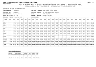 DIRECCION REGIONAL SECTORIAL DE EDUCACION - TACNA                                                                                                                                                               Página:       19
Ruc :20325722941
                                          HOJA DE TRABAJO PARA EL CALCULO DE PREPARACION DE CLASE SOBRE LA REMUNERACION TOTAL
                                                          CALCULO REALIZADO AL 30 %; Y AJUSTES DEL 16% A LOS D.U.090-1996, D.U.073-1997, D.U.011-1999

LIQUIDACION AL 31 DE DICIEMBRE DEL 2011

CODIGO MODULAR          : 1000484053                                         APELLIDOS Y NOMBRES: RAMOS FLORES ALICIA ANGELA
NUMERO DE DNI           : 00484053                                           CENTRO DE TRABAJO      : IE. FRANCISCO ANTONIO DE ZELA
TIPO SERVIDOR           : Docente Nombrado                                   CARGO                  : PROF. POR HORA
NIVEL MAG. ACTUAL: III - 24                                                  PERIODO A ANALIZAR : 02/1991 - 12/2011
EXPEDIEN. PROCESO: Proceso N§ 2488                                           OBSERVACIONES          :

   Meses     1991       1992       1993         1994     1995      1996       1997      1998     1999     2000     2001     2002     2003     2004     2005     2006     2007     2008     2009     2010      2011        Total



Enero                    10.37      46.94        67.94    135.14    146.43     196.63   253.69   253.69   319.88   319.88   334.86   334.86   366.73   401.23   431.23   453.50   453.50   453.50   453.50     453.50     5,887.00

Febrero                  10.37      46.94        67.94    135.14    146.43     196.63   253.69   253.69   319.88   319.88   334.86   334.86   366.73   401.23   431.23   453.50   453.50   453.50   453.50     453.50     5,887.00

Marzo                    10.37      46.94        67.94    135.14    146.43     196.63   253.69   253.69   319.88   319.88   334.86   334.86   366.73   401.23   431.23   453.50   453.50   453.50   453.50     453.50     5,887.00

Abril                    10.37      46.94        98.54    135.14    146.43     196.63   253.69   319.88   319.88   319.88   334.86   334.86   366.73   401.23   431.23   453.50   453.50   453.50   453.50     453.50     5,983.79

Mayo                     10.37      67.94        98.54    135.14    146.43     196.63   253.69   319.88   319.88   319.88   334.86   366.73   387.73   422.23   442.78   453.50   453.50   453.50   453.50     453.50     6,090.21

Junio                    10.37      67.94        98.54    135.14    146.43     196.63   253.69   319.88   319.88   319.88   334.86   366.73   387.73   422.23   442.78   453.50   453.50   453.50   453.50     453.50     6,090.21

Julio                    10.37      67.94        98.54    135.14    146.43     196.63   253.69   319.88   319.88   319.88   334.86   366.73   387.73   422.23   442.78   453.50   453.50   453.50   453.50     453.50     6,090.21

Agosto                   28.37      67.94        98.54    146.43    146.43     253.69   253.69   319.88   319.88   319.88   334.86   366.73   401.23   431.23   442.78   453.50   453.50   453.50   453.50     453.50     6,199.06

Setiembre                28.37      67.94        98.54    146.43    146.43     253.69   253.69   319.88   319.88   334.86   334.86                                                453.50   453.50   453.50     453.50     4,118.57

Octubre                  28.37      67.94       135.14    146.43    146.43     253.69   253.69   319.88   319.88   334.86   334.86                                       453.50   453.50   453.50   453.50     453.50     4,608.67

Noviembre       6.08     28.37      67.94       135.14    146.43   196.63      253.69   253.69   319.88   319.88   334.86   334.86   366.73   401.23   431.23   453.50   453.50   453.50   453.50   453.50     453.50     6,317.64

Diciembre       6.08     28.37      67.94       135.14    146.43   196.63      253.69   253.69   319.88   319.88   334.86   334.86   366.73   401.23   431.23   453.50   453.50   453.50   453.50   453.50     453.50     6,317.64

Usuario        12.16    214.44    731.28 1,200.48 1,678.13 1,857.56 2,644.86 3,044.28 3,639.99 3,838.56 3,898.48 4,018.32 3,539.82 3,833.80 4,165.30 4,403.04 4,988.50 5,442.00 5,442.00 5,442.00            5,442.00 69,477.00

Essalud         1.09     19.30      65.82       108.04    151.03   167.18      238.04   273.99   327.60   345.47   350.86   361.65   361.65   361.65   361.65   361.65   361.65   361.65   361.65   361.65     361.65     5,410.03

TOTAL          13.25    233.74    797.10 1,308.52 1,829.16 2,024.74 2,882.90 3,318.27 3,967.59 4,184.03 4,249.34 4,379.97 3,901.47 4,195.45 4,526.95 4,764.69 5,350.15 5,803.65 5,803.65 5,803.65            5,803.65 74,887.03




            COSTO MENSUAL PERIODO 2012

            Prepa. de          Ajuste del 16%            Importe    Total     Aporte    Costo
            Clase 30% DU.090-96 DU.073-97 DU.011-99      Pagado    Usuario    Essalud   Total



             391.03      26.90      31.21       36.20     31.84    453.50      40.82    494.32
 