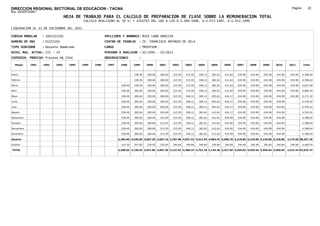 DIRECCION REGIONAL SECTORIAL DE EDUCACION - TACNA                                                                                                                                         Página:       22
Ruc :20325722941
                                 HOJA DE TRABAJO PARA EL CALCULO DE PREPARACION DE CLASE SOBRE LA REMUNERACION TOTAL
                                           CALCULO REALIZADO AL 30 %; Y AJUSTES DEL 16% A LOS D.U.090-1996, D.U.073-1997, D.U.011-1999

LIQUIDACION AL 31 DE DICIEMBRE DEL 2011

CODIGO MODULAR     : 1001325202                         APELLIDOS Y NOMBRES: RUIZ CANO DANITZA
NUMERO DE DNI      : 01325202                           CENTRO DE TRABAJO     : IE. FRANCISCO ANTONIO DE ZELA
TIPO SERVIDOR      : Docente Nombrado                   CARGO                 : PROFESOR.
NIVEL MAG. ACTUAL: III - 24                             PERIODO A ANALIZAR : 02/1991 - 05/2011
EXPEDIEN. PROCESO: Proceso N§ 2544                      OBSERVACIONES         :

   Meses    1991   1992   1993     1994   1995   1996    1997    1998      1999     2000     2001     2002     2003     2004     2005     2006     2007     2008     2009     2010      2011        Total



Enero                                                                      238.40   300.60   300.60   315.59   315.59   348.12   382.62   412.62   434.90   434.90   434.90   434.90     434.90     4,788.64

Febrero                                                                    238.40   300.60   300.60   315.59   315.59   348.12   382.62   412.62   434.90   434.90   434.90   434.90     434.90     4,788.64

Marzo                                                             238.40   238.40   300.60   300.60   315.59   315.59   348.12   382.62   412.62   434.90   434.90   434.90   434.90     434.90     5,027.04

Abril                                                             238.40   300.60   300.60   300.60   315.59   315.59   348.12   382.62   412.62   434.90   434.90   434.90   434.90     434.90     5,089.24

Mayo                                                              238.40   300.60   300.60   300.60   315.59   348.12   369.12   403.62   424.17   434.90   434.90   434.90   434.90     434.90     5,175.32

Junio                                                             238.40   300.60   300.60   300.60   315.59   348.12   369.12   403.62   424.17   434.90   434.90   434.90   434.90                4,740.42

Julio                                                             238.40   300.60   300.60   300.60   315.59   348.12   369.12   403.62   424.17   434.90   434.90   434.90   434.90                4,740.42

Agosto                                                            238.40   300.60   300.60   300.60   315.59   348.12   382.62   412.62   424.17   434.90   434.90   434.90   434.90                4,762.92

Setiembre                                                         238.40   300.60   300.60   315.59   315.59   348.12   382.62   412.62   434.90   434.90   434.90   434.90   434.90                4,788.64

Octubre                                                           238.40   300.60   300.60   315.59   315.59   348.12   382.62   412.62   434.90   434.90   434.90   434.90   434.90                4,788.64

Noviembre                                                         238.40   300.60   300.60   315.59   315.59   348.12   382.62   412.62   434.90   434.90   434.90   434.90   434.90                4,788.64

Diciembre                                                         238.40   300.60   300.60   315.59   315.59   348.12   382.62   412.62   434.90   434.90   434.90   434.90   434.90                4,788.64

Usuario                                                         2,384.00 3,420.60 3,607.20 3,667.16 3,787.08 4,047.32 4,412.94 4,804.44 5,086.76 5,218.80 5,218.80 5,218.80 5,218.80   2,174.50 58,267.20

Essalud                                                           214.56   307.85   324.65   330.04   340.84   340.84   340.84   340.84   340.84   340.84   340.84   340.84   340.84     340.84     4,408.54

TOTAL                                                           2,598.56 3,728.45 3,931.85 3,997.20 4,127.92 4,388.16 4,753.78 5,145.28 5,427.60 5,559.64 5,559.64 5,559.64 5,559.64   2,515.34 62,675.74
 