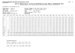 DIRECCION REGIONAL SECTORIAL DE EDUCACION - TACNA                                                                                                                                                               Página:       24
Ruc :20325722941
                                          HOJA DE TRABAJO PARA EL CALCULO DE PREPARACION DE CLASE SOBRE LA REMUNERACION TOTAL
                                                          CALCULO REALIZADO AL 30 %; Y AJUSTES DEL 16% A LOS D.U.090-1996, D.U.073-1997, D.U.011-1999

LIQUIDACION AL 31 DE DICIEMBRE DEL 2011

CODIGO MODULAR          : 1000411312                                         APELLIDOS Y NOMBRES: SALINAS MEDINA LOURDES PATRICIA
NUMERO DE DNI           : 00411312                                           CENTRO DE TRABAJO      : IE. FRANCISCO ANTONIO DE ZELA
TIPO SERVIDOR           : Docente Nombrado                                   CARGO                  : PROF. POR HORA
NIVEL MAG. ACTUAL: III - 24                                                  PERIODO A ANALIZAR : 02/1991 - 12/2011
EXPEDIEN. PROCESO: Proceso N§ 2409                                           OBSERVACIONES          :

   Meses     1991       1992       1993         1994     1995      1996       1997      1998     1999     2000     2001     2002     2003     2004     2005     2006     2007     2008     2009     2010      2011        Total



Enero                    10.16      47.04        68.04    136.14    140.58     187.57   242.09   242.09   305.32   305.32   323.11   323.11   353.11   387.61   417.61   439.89   439.89   439.89   439.89     439.89     5,688.35

Febrero                  10.16      47.04        68.04    136.14    140.58     187.57   242.09   242.09   305.32   305.32   323.11   323.11   353.11   387.61   417.61   439.89   439.89   439.89   439.89     439.89     5,688.35

Marzo                    10.16      47.04        68.04    136.14    140.58     187.57   242.09   242.09   305.32   305.32   323.11   323.11   353.11   387.61   417.61   439.89   439.89   439.89   439.89     439.89     5,688.35

Abril                    10.16      47.04        98.94    136.14    140.58     187.57   242.09   305.32   305.32   305.32   323.11   323.11   353.11   387.61   417.61   439.89   439.89   439.89   439.89     439.89     5,782.48

Mayo                     10.16      68.04        98.94    136.14    140.58     187.57   242.09   305.32   305.32   305.32   323.11   353.11   374.11   408.61   429.16   439.89   439.89   439.89   439.89     439.89     5,887.03

Junio                    10.16      68.04        98.94    136.14    140.58     187.57   242.09   305.32   305.32   305.32   323.11   353.11   374.11   408.61   429.16   439.89   439.89   439.89   439.89     439.89     5,887.03

Julio                    10.16      68.04        98.94    136.14    140.58     187.57   242.09   305.32   305.32   305.32   323.11   353.11   374.11   408.61   429.16   439.89   439.89   439.89   439.89     439.89     5,887.03

Agosto                   28.16      68.04        98.94    140.58    140.58     242.09   242.09   305.32   305.32   305.32   323.11   353.11   387.61   417.61   429.16   439.89   439.89   439.89   439.89     439.89     5,986.49

Setiembre                28.16      68.04        98.94    140.58    140.58     242.09   242.09   305.32   305.32   323.11   323.11   353.11   387.61   417.61   439.89   439.89   439.89   439.89   439.89     439.89     6,015.01

Octubre                  28.16      68.04       136.14    140.58    140.58     242.09   242.09   305.32   305.32   323.11   323.11   353.11   387.61   417.61   439.89   439.89   439.89   439.89   439.89     439.89     6,052.21

Noviembre       6.08     28.16      68.04       136.14    140.58   187.57      242.09   242.09   305.32   305.32   323.11   323.11   353.11   387.61   417.61   439.89   439.89   439.89   439.89   439.89     439.89     6,105.28

Diciembre       6.08     28.16      68.04       136.14    140.58   187.57      242.09   242.09   305.32   305.32   323.11   323.11   353.11   387.61   417.61   439.89   439.89   439.89   439.89   439.89     439.89     6,105.28

Usuario        12.16    211.92    732.48 1,206.18 1,655.88 1,780.94 2,523.44 2,905.08 3,474.15 3,663.84 3,735.00 3,877.32 4,117.32 4,472.82 4,864.32 5,146.64 5,278.68 5,278.68 5,278.68 5,278.68            5,278.68 70,772.89

Essalud         1.09     19.07      65.92       108.56    149.03   160.28      227.11   261.46   312.67   329.75   336.15   348.96   348.96   348.96   348.96   348.96   348.96   348.96   348.96   348.96     348.96     5,460.57

TOTAL          13.25    230.99    798.40 1,314.74 1,804.91 1,941.22 2,750.55 3,166.54 3,786.82 3,993.59 4,071.15 4,226.28 4,466.28 4,821.78 5,213.28 5,495.60 5,627.64 5,627.64 5,627.64 5,627.64            5,627.64 76,233.46




            COSTO MENSUAL PERIODO 2012

            Prepa. de          Ajuste del 16%            Importe    Total     Aporte    Costo
            Clase 30% DU.090-96 DU.073-97 DU.011-99      Pagado    Usuario    Essalud   Total



             380.33      25.81      29.93       34.72     30.91    439.89      39.59    479.48
 