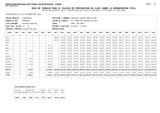 DIRECCION REGIONAL SECTORIAL DE EDUCACION - TACNA                                                                                                                                                               Página:       26
Ruc :20325722941
                                          HOJA DE TRABAJO PARA EL CALCULO DE PREPARACION DE CLASE SOBRE LA REMUNERACION TOTAL
                                                         CALCULO REALIZADO AL 30 %; Y AJUSTES DEL 16% A LOS D.U.090-1996, D.U.073-1997, D.U.011-1999

LIQUIDACION AL 31 DE DICIEMBRE DEL 2011

CODIGO MODULAR          : 1000490676                                         APELLIDOS Y NOMBRES: SANGINEZ LIMACHE MARIA ELENA
NUMERO DE DNI           : 00490676                                           CENTRO DE TRABAJO      : IE. FRANCISCO ANTONIO DE ZELA
TIPO SERVIDOR           : Docente Nombrado                                   CARGO                  : PROF. POR HORA
NIVEL MAG. ACTUAL: II - 24                                                   PERIODO A ANALIZAR : 02/1991 - 12/2011
EXPEDIEN. PROCESO: Proceso N§ 2626                                           OBSERVACIONES          :

   Meses     1991       1992       1993         1994    1995       1996       1997      1998     1999     2000     2001     2002     2003     2004     2005     2006     2007     2008     2009     2010      2011        Total



Enero                                                                          186.99   232.64   232.64   293.38   293.38   308.36   308.36   339.49   373.99   403.99   426.27   426.27   426.27   426.27     426.27     5,104.57

Febrero                                                                        186.99   232.64   232.64   293.38   293.38   308.36   308.36   339.49   373.99   403.99   426.27   426.27   426.27   426.27     426.27     5,104.57

Marzo                                                                                   232.64   232.64   293.38   293.38   308.36   308.36   339.49   373.99   403.99   426.27   426.27   426.27   426.27     426.27     4,917.58

Abril                                                               135.14              232.64   293.38   293.38   293.38   308.36   308.36   339.49   373.99   403.99   426.27   426.27   426.27   426.27     426.27     5,113.46

Mayo                                                                135.14              232.64   293.38   293.38   293.38   308.36   339.49   360.49   394.99   415.54   426.27   426.27   426.27   426.27     426.27     5,198.14

Junio                               67.94                           135.14              232.64   293.38   293.38   293.38   308.36   339.49   360.49   394.99   415.54   426.27   426.27   426.27   426.27     426.27     5,266.08

Julio                                                               135.14              232.64   293.38   293.38   293.38   308.36   339.49   360.49   394.99   415.54   426.27   426.27   426.27   426.27     426.27     5,198.14

Agosto                                                              135.14              232.64   293.38   293.38   293.38   308.36   339.49   373.99   403.99   415.54   426.27   426.27   426.27   426.27     426.27     5,220.64

Setiembre                           67.94                           135.14              232.64   293.38   293.38   308.36   308.36   339.49   373.99   403.99   426.27   426.27   426.27   426.27   426.27     426.27     5,314.29

Octubre                             67.94                           135.14              232.64   293.38   293.38   308.36   308.36   339.49   373.99   403.99   426.27   426.27   426.27   426.27   426.27     426.27     5,314.29

Noviembre                           67.94                           186.99              232.64   293.38   293.38   308.36   308.36   339.49   373.99   403.99   426.27   426.27   426.27   426.27   426.27     426.27     5,366.14

Diciembre                                                           186.99              232.64   293.38   293.38   308.36   308.36   339.49   373.99   403.99   426.27   426.27   426.27   426.27   426.27     426.27     5,298.20

Usuario                           271.76                          1,319.96    373.98 2,791.68 3,338.34 3,520.56 3,580.48 3,700.32 3,949.36 4,309.38 4,700.88 4,983.20 5,115.24 5,115.24 5,115.24 5,115.24    5,115.24 62,416.10

Essalud                             24.46                           118.80      33.66   251.25   300.45   316.85   322.24   333.03   333.03   333.03   333.03   333.03   333.03   333.03   333.03   333.03     333.03     4,707.98

TOTAL                             296.22                          1,438.76    407.64 3,042.93 3,638.79 3,837.41 3,902.72 4,033.35 4,282.39 4,642.41 5,033.91 5,316.23 5,448.27 5,448.27 5,448.27 5,448.27    5,448.27 67,124.08




            COSTO MENSUAL PERIODO 2012

            Prepa. de          Ajuste del 16%           Importe     Total     Aporte    Costo
            Clase 30% DU.090-96 DU.073-97 DU.011-99     Pagado     Usuario    Essalud   Total



             369.25      24.65      28.60       33.17    29.41     426.27      38.36    464.63
 