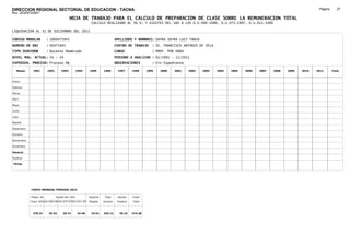 DIRECCION REGIONAL SECTORIAL DE EDUCACION - TACNA                                                                                                                                      Página:      27
Ruc :20325722941
                                          HOJA DE TRABAJO PARA EL CALCULO DE PREPARACION DE CLASE SOBRE LA REMUNERACION TOTAL
                                                         CALCULO REALIZADO AL 30 %; Y AJUSTES DEL 16% A LOS D.U.090-1996, D.U.073-1997, D.U.011-1999

LIQUIDACION AL 31 DE DICIEMBRE DEL 2011

CODIGO MODULAR          : 1000475945                                        APELLIDOS Y NOMBRES: SAYRA SAYRA LUCY TANIA
NUMERO DE DNI           : 00475945                                          CENTRO DE TRABAJO      : IE. FRANCISCO ANTONIO DE ZELA
TIPO SERVIDOR           : Docente Nombrado                                  CARGO                  : PROF. POR HORA
NIVEL MAG. ACTUAL: IV - 24                                                  PERIODO A ANALIZAR : 02/1991 - 12/2011
EXPEDIEN. PROCESO: Proceso N§                                               OBSERVACIONES          : Sin Expediente

   Meses     1991       1992       1993         1994    1995      1996       1997      1998     1999   2000   2001    2002   2003    2004   2005   2006   2007   2008   2009   2010   2011       Total



Enero

Febrero

Marzo

Abril

Mayo

Junio

Julio

Agosto

Setiembre

Octubre

Noviembre

Diciembre

Usuario

Essalud

TOTAL




            COSTO MENSUAL PERIODO 2012

            Prepa. de          Ajuste del 16%           Importe    Total     Aporte    Costo
            Clase 30% DU.090-96 DU.073-97 DU.011-99     Pagado    Usuario    Essalud   Total



             378.31      25.62      29.72       34.48    33.01    435.12      39.16    474.28
 