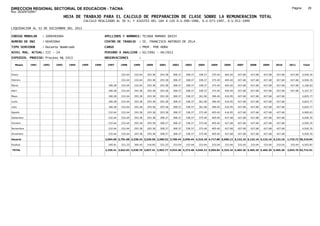 DIRECCION REGIONAL SECTORIAL DE EDUCACION - TACNA                                                                                                                                          Página:       29
Ruc :20325722941
                                 HOJA DE TRABAJO PARA EL CALCULO DE PREPARACION DE CLASE SOBRE LA REMUNERACION TOTAL
                                           CALCULO REALIZADO AL 30 %; Y AJUSTES DEL 16% A LOS D.U.090-1996, D.U.073-1997, D.U.011-1999

LIQUIDACION AL 31 DE DICIEMBRE DEL 2011

CODIGO MODULAR     : 1000493064                         APELLIDOS Y NOMBRES: TEJADA MAMANI DAISY
NUMERO DE DNI      : 00493064                           CENTRO DE TRABAJO      : IE. FRANCISCO ANTONIO DE ZELA
TIPO SERVIDOR      : Docente Nombrado                   CARGO                  : PROF. POR HORA
NIVEL MAG. ACTUAL: III - 24                             PERIODO A ANALIZAR : 02/1991 - 04/2011
EXPEDIEN. PROCESO: Proceso N§ 2413                      OBSERVACIONES          :

   Meses    1991   1992   1993     1994   1995   1996    1997      1998     1999     2000     2001     2002     2003     2004     2005     2006     2007     2008     2009     2010      2011        Total



Enero                                                              232.64   232.64   293.38   293.38   308.37   308.37   338.37   375.40   405.40   427.68   427.68   427.68   427.68     427.68     4,926.35

Febrero                                                            232.64   232.64   293.38   293.38   308.37   308.37   338.37   375.40   405.40   427.68   427.68   427.68   427.68     427.68     4,926.35

Marzo                                                     180.28   232.64   232.64   293.38   293.38   308.37   308.37   338.37   375.40   405.40   427.68   427.68   427.68   427.68     427.68     5,106.63

Abril                                                     180.28   232.64   293.38   293.38   293.38   308.37   308.37   338.37   375.40   405.40   427.68   427.68   427.68   427.68     427.68     5,167.37

Mayo                                                      180.28   232.64   293.38   293.38   293.38   308.37   338.37   361.90   396.40   416.95   427.68   427.68   427.68   427.68                4,825.77

Junio                                                     180.28   232.64   293.38   293.38   293.38   308.37   338.37   361.90   396.40   416.95   427.68   427.68   427.68   427.68                4,825.77

Julio                                                     180.28   232.64   293.38   293.38   293.38   308.37   338.37   361.90   396.40   416.95   427.68   427.68   427.68   427.68                4,825.77

Agosto                                                    232.64   232.64   293.38   293.38   293.38   308.37   338.37   375.40   405.40   416.95   427.68   427.68   427.68   427.68                4,900.63

Setiembre                                                 232.64   232.64   293.38   293.38   308.37   308.37   338.37   375.40   405.40   427.68   427.68   427.68   427.68   427.68                4,926.35

Octubre                                                   232.64   232.64   293.38   293.38   308.37   308.37   338.37   375.40   405.40   427.68   427.68   427.68   427.68   427.68                4,926.35

Noviembre                                                 232.64   232.64   293.38   293.38   308.37   308.37   338.37   375.40   405.40   427.68   427.68   427.68   427.68   427.68                4,926.35

Diciembre                                                 232.64   232.64   293.38   293.38   308.37   308.37   338.37   375.40   405.40   427.68   427.68   427.68   427.68   427.68                4,926.35

Usuario                                                 2,064.60 2,791.68 3,338.34 3,520.56 3,580.52 3,700.44 3,940.44 4,316.18 4,717.80 5,000.12 5,132.16 5,132.16 5,132.16 5,132.16   1,710.72 59,210.04

Essalud                                                   185.81   251.25   300.45   316.85   322.25   333.04   333.04   333.04   333.04   333.04   333.04   333.04   333.04   333.04     333.04     4,503.87

TOTAL                                                   2,250.41 3,042.93 3,638.79 3,837.41 3,902.77 4,033.48 4,273.48 4,649.22 5,050.84 5,333.16 5,465.20 5,465.20 5,465.20 5,465.20   2,043.76 63,713.91
 