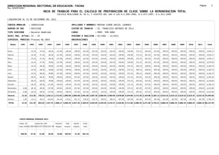 DIRECCION REGIONAL SECTORIAL DE EDUCACION - TACNA                                                                                                                                                               Página:        3
Ruc :20325722941
                                          HOJA DE TRABAJO PARA EL CALCULO DE PREPARACION DE CLASE SOBRE LA REMUNERACION TOTAL
                                                          CALCULO REALIZADO AL 30 %; Y AJUSTES DEL 16% A LOS D.U.090-1996, D.U.073-1997, D.U.011-1999

LIQUIDACION AL 31 DE DICIEMBRE DEL 2011

CODIGO MODULAR          : 1000433168                                         APELLIDOS Y NOMBRES: MEDINA GIRON GRICEL LOURDES
NUMERO DE DNI           : 00433168                                           CENTRO DE TRABAJO      : IE. FRANCISCO ANTONIO DE ZELA
TIPO SERVIDOR           : Docente Nombrado                                   CARGO                  : PROF. POR HORA
NIVEL MAG. ACTUAL: IV - 24                                                   PERIODO A ANALIZAR : 02/1991 - 12/2011
EXPEDIEN. PROCESO: Proceso N§ 2603                                           OBSERVACIONES          :

   Meses     1991       1992       1993         1994     1995      1996       1997      1998     1999     2000     2001     2002     2003     2004     2005     2006     2007     2008     2009     2010      2011        Total



Enero                    10.19      47.36        68.36    137.96    149.64     199.64   257.64   257.64   324.92   324.92   339.90   339.90   373.15   407.65   437.65   459.93   459.93   459.93   459.93     459.93     5,976.17

Febrero                  10.19      47.36        68.36    137.96    149.64     199.64   257.64   257.64   324.92   324.92   339.90   339.90   373.15   407.65   437.65   459.93   459.93   459.93   459.93     459.93     5,976.17

Marzo                    10.19      47.36        68.36    137.96    149.64     199.64   257.64   257.64   324.92   324.92   339.90   339.90   373.15   407.65   437.65   459.93   459.93   459.93   459.93     459.93     5,976.17

Abril                    10.19      47.36        99.86    137.96    149.64     199.64   257.64   324.92   324.92   324.92   339.90   339.90   373.15   407.65   437.65   459.93   459.93   459.93   459.93     459.93     6,074.95

Mayo                     10.19      68.36        99.86    137.96    149.64     199.64   257.64   324.92   324.92   324.92   339.90   373.15   394.15   428.65   449.20   459.93   459.93   459.93   459.93     459.93     6,182.75

Junio                    10.19      68.36        99.86    137.96    149.64     199.64   257.64   324.92   324.92   324.92   339.90   373.15   394.15   428.65   449.20   459.93   459.93   459.93   459.93     459.93     6,182.75

Julio                    10.19      68.36        99.86    137.96    149.64     199.64   257.64   324.92   324.92   324.92   339.90   373.15   394.15   428.65   449.20   459.93   459.93   459.93   459.93     459.93     6,182.75

Agosto                   28.19      68.36        99.86    149.64    149.64     257.64   257.64   324.92   324.92   324.92   339.90   373.15   407.65   437.65   449.20   459.93   459.93   459.93   459.93     459.93     6,292.93

Setiembre                28.19      68.36        99.86    149.64    149.64     257.64   257.64   324.92   324.92   339.90   339.90   373.15   407.65   437.65   459.93   459.93   459.93   459.93   459.93     459.93     6,318.64

Octubre                  28.19      68.36       137.96    149.64    149.64     257.64   257.64   324.92   324.92   339.90   339.90   373.15   407.65   437.65   459.93   459.93   459.93   459.93   459.93     459.93     6,356.74

Noviembre       6.08     28.19      68.36       137.96    149.64   199.64      257.64   257.64   324.92   324.92   339.90   339.90   373.15   407.65   437.65   459.93   459.93   459.93   459.93   459.93     459.93     6,412.82

Diciembre       6.08     28.19      68.36       137.96    149.64   199.64      257.64   257.64   324.92   324.92   339.90   339.90   373.15   407.65   437.65   459.93   459.93   459.93   459.93   459.93     459.93     6,412.82

Usuario        12.16    212.28    736.32 1,218.12 1,713.92 1,895.68 2,685.68 3,091.68 3,697.20 3,899.04 3,958.96 4,078.80 4,344.80 4,713.30 5,104.80 5,387.12 5,519.16 5,519.16 5,519.16 5,519.16            5,519.16 74,345.66

Essalud         1.09     19.11      66.27       109.63    154.25   170.61      241.71   278.25   332.75   350.91   356.31   367.09   367.09   367.09   367.09   367.09   367.09   367.09   367.09   367.09     367.09     5,781.93

TOTAL          13.25    231.39    802.59 1,327.75 1,868.17 2,066.29 2,927.39 3,369.93 4,029.95 4,249.95 4,315.27 4,445.89 4,711.89 5,080.39 5,471.89 5,754.21 5,886.25 5,886.25 5,886.25 5,886.25            5,886.25 80,127.59




            COSTO MENSUAL PERIODO 2012

            Prepa. de          Ajuste del 16%            Importe    Total     Aporte    Costo
            Clase 30% DU.090-96 DU.073-97 DU.011-99      Pagado    Usuario    Essalud   Total



             396.55      27.49      31.89       36.99     33.00    459.93      41.39    501.32
 