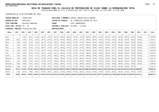 DIRECCION REGIONAL SECTORIAL DE EDUCACION - TACNA                                                                                                                                                  Página:       38
Ruc :20325722941
                                     HOJA DE TRABAJO PARA EL CALCULO DE PREPARACION DE CLASE SOBRE LA REMUNERACION TOTAL
                                                 CALCULO REALIZADO AL 35 %; Y AJUSTES DEL 16% A LOS D.U.090-1996, D.U.073-1997, D.U.011-1999

LIQUIDACION AL 31 DE DICIEMBRE DEL 2011

CODIGO MODULAR       : 1000471965                                 APELLIDOS Y NOMBRES: VARGAS SANCHEZ RELLA MARINA
NUMERO DE DNI        : 00471965                                   CENTRO DE TRABAJO      : IE. FRANCISCO ANTONIO DE ZELA
TIPO SERVIDOR        : Docente Nombrado                           CARGO                  : JEFE LABORATORIO
NIVEL MAG. ACTUAL: IV - 24                                        PERIODO A ANALIZAR : 02/1991 - 11/2010
EXPEDIEN. PROCESO: Proceso N§ 2498                                OBSERVACIONES          :

   Meses    1991     1992     1993     1994     1995     1996      1997      1998     1999     2000     2001     2002     2003     2004     2005     2006     2007     2008     2009     2010     2011       Total



Enero                 13.87    56.53    81.03   160.77   174.78     232.57   299.62   299.62   377.39   377.39   400.04   400.04   435.04   475.29   510.29   536.28   536.28   536.28   536.28              6,439.39

Febrero       2.82    13.87    56.53    81.03   160.77   174.78     232.57   299.62   299.62   377.39   377.39   400.04   400.04   435.04   475.29   510.29   536.28   536.28   536.28   536.28              6,442.21

Marzo         2.82    13.87    56.53    81.03   160.77   174.78     232.57   299.62   299.62   377.39   377.39   400.04   400.04   435.04   475.29   510.29   536.28   536.28   536.28   536.28              6,442.21

Abril         2.82    13.87    56.53   117.37   160.77   174.78     232.57   299.62   377.39   377.39   377.39   400.04   400.04   435.04   475.29   510.29   536.28   536.28   536.28   536.28              6,556.32

Mayo          2.82    13.87    81.03   117.37   160.77   174.78     232.57   299.62   377.39   377.39   377.39   400.04   435.04   459.54   499.79   523.77   536.28   536.28   536.28   536.28              6,678.30

Junio         2.82    13.87    81.03   117.37   160.77   174.78     232.57   299.62   377.39   377.39   377.39   400.04   435.04   459.54   499.79   523.77   536.28   536.28   536.28   536.28              6,678.30

Julio         2.82    13.87    81.03   117.37   160.77   174.78     232.57   299.62   377.39   377.39   377.39   400.04   435.04   459.54   499.79   523.77   536.28   536.28   536.28   536.28              6,678.30

Agosto        2.82    34.86    81.03   117.37   174.78   174.78     299.62   299.62   377.39   377.39   377.39   400.04   435.04   475.29   510.29   523.77   536.28   536.28   536.28   536.28              6,806.60

Setiembre     2.82    34.86    81.03   117.37   174.78   174.78     299.62   299.62   377.39   377.39   400.04   400.04   435.04   475.29   510.29   536.28   536.28   536.28   536.28   536.28              6,841.76

Octubre       2.82    34.86    81.03   160.77   174.78   174.78     299.62   299.62   377.39   377.39   400.04   400.04   435.04   475.29   510.29   536.28   536.28   536.28   536.28   536.28              6,885.16

Noviembre     8.86    34.86    81.03   160.77   174.78   232.57     299.62   299.62   377.39   377.39   400.04   400.04   435.04   475.29   510.29   536.28   536.28   536.28   536.28   536.28              6,948.99

Diciembre     8.86    34.86    81.03   160.77   174.78   232.57     299.62   299.62   377.39   377.39   400.04   400.04   435.04   475.29   510.29   536.28   536.28   536.28   536.28                       6,412.71

Usuario      43.10   271.39   874.36 1,429.62 1,999.29 2,212.94 3,126.09 3,595.44 4,295.37 4,528.68 4,619.28 4,800.48 5,080.48 5,495.23 5,951.98 6,281.36 6,435.36 6,435.36 6,435.36 5,899.08            79,810.25

Essalud       3.88    24.43    78.69   128.67   179.94   199.16     281.35   323.59   386.58   407.58   415.74   432.04   432.04   432.04   432.04   432.04   432.04   432.04   432.04   432.04              6,281.47

TOTAL        46.98   295.82   953.05 1,558.29 2,179.23 2,412.10 3,407.44 3,919.03 4,681.95 4,936.26 5,035.02 5,232.52 5,512.52 5,927.27 6,384.02 6,713.40 6,867.40 6,867.40 6,867.40 6,331.12            86,091.72
 