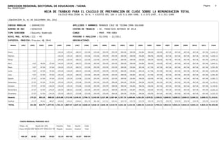DIRECCION REGIONAL SECTORIAL DE EDUCACION - TACNA                                                                                                                                                               Página:        4
Ruc :20325722941
                                          HOJA DE TRABAJO PARA EL CALCULO DE PREPARACION DE CLASE SOBRE LA REMUNERACION TOTAL
                                                          CALCULO REALIZADO AL 30 %; Y AJUSTES DEL 16% A LOS D.U.090-1996, D.U.073-1997, D.U.011-1999

LIQUIDACION AL 31 DE DICIEMBRE DEL 2011

CODIGO MODULAR          : 1000482593                                         APELLIDOS Y NOMBRES: MENDOZA CRUZ DE TICONA IRMA SOLEDAD
NUMERO DE DNI           : 00482593                                           CENTRO DE TRABAJO      : IE. FRANCISCO ANTONIO DE ZELA
TIPO SERVIDOR           : Docente Nombrado                                   CARGO                  : PROF. POR HORA
NIVEL MAG. ACTUAL: III - 40                                                  PERIODO A ANALIZAR : 02/1991 - 12/2011
EXPEDIEN. PROCESO: Proceso N§ 2844                                           OBSERVACIONES          :

   Meses     1991       1992       1993         1994     1995      1996       1997      1998     1999     2000     2001     2002     2003     2004     2005     2006     2007     2008     2009     2010      2011        Total



Enero                                                     134.24   135.24      180.53   233.06   233.06   293.99   293.99   308.98   308.98   356.84   396.96   426.96   467.46   467.46   467.46   467.46     467.46     5,640.13

Febrero                                                   134.24   135.24      180.53   233.06   233.06   293.99   293.99   308.98   308.98   356.84   396.96   426.96   467.46   467.46   467.46   467.46     467.46     5,640.13

Marzo                                                     134.24   135.24      180.53   233.06   233.06   293.99   293.99   308.98   308.98   356.84   396.96   426.96   467.46   467.46   467.46   467.46     467.46     5,640.13

Abril                     9.47      46.04        97.64    134.24    135.24     180.53   233.06   293.99   293.99   293.99   308.98   308.98   356.84   396.96   426.96   467.46   467.46   467.46   467.46     467.46     5,854.21

Mayo                      9.47      67.04        97.64    134.24    135.24     180.53   233.06   293.99   293.99   293.99   308.98   356.84   383.46   417.96   447.96   467.46   467.46   467.46   467.46     467.46     5,991.69

Junio                     9.47      67.04        97.64    134.24    135.24     180.53   233.06   293.99   293.99   293.99   308.98   356.84   383.46   417.96   447.96   467.46   467.46   467.46   467.46     467.46     5,991.69

Julio                     9.47      67.04        97.64    134.24    135.24     180.53   233.06   293.99   293.99   293.99   308.98   356.84   383.46   417.96   447.96   467.46   467.46   467.46   467.46     467.46     5,991.69

Agosto                   27.47      67.04        97.64    135.24    135.24     233.06   233.06   293.99   293.99   293.99   308.98   356.84   396.96   426.96   447.96   467.46   467.46   467.46   467.46     467.46     6,085.72

Setiembre                27.47      67.04        97.64    135.24    135.24     233.06   233.06   293.99   293.99   308.98   308.98   356.84   396.96   426.96   467.46   467.46   467.46   467.46   467.46     467.46     6,120.21

Octubre                  27.47      67.04       134.24    135.24    135.24     233.06   233.06   293.99   293.99   308.98   308.98   356.84   396.96   426.96   467.46   467.46   467.46   467.46   467.46     467.46     6,156.81

Noviembre                27.47      67.04       134.24    135.24    180.53     233.06   233.06   293.99   293.99   308.98   308.98   356.84   396.96   426.96   467.46   467.46   467.46   467.46   467.46     467.46     6,202.10

Diciembre                27.47      67.04       134.24    135.24    180.53     233.06   233.06   293.99   293.99   308.98   308.98   356.84   396.96   426.96   467.46   467.46   467.46   467.46   467.46     467.46     6,202.10

Usuario                 175.23    582.36        988.56 1,615.88 1,713.46 2,429.01 2,796.72 3,345.09 3,527.88 3,587.84 3,707.76 4,090.64 4,562.54 4,976.52 5,369.52 5,609.52 5,609.52 5,609.52 5,609.52       5,609.52 71,516.61

Essalud                  15.77      52.41        88.97    145.43    154.21     218.61   251.70   301.06   317.51   322.91   333.70   333.70   333.70   333.70   333.70   333.70   333.70   333.70   333.70     333.70     5,419.29

TOTAL                   191.00    634.77 1,077.53 1,761.31 1,867.67 2,647.62 3,048.42 3,646.15 3,845.39 3,910.75 4,041.46 4,424.34 4,896.24 5,310.22 5,703.22 5,943.22 5,943.22 5,943.22 5,943.22            5,943.22 76,935.90




            COSTO MENSUAL PERIODO 2012

            Prepa. de          Ajuste del 16%            Importe    Total     Aporte    Costo
            Clase 30% DU.090-96 DU.073-97 DU.011-99      Pagado    Usuario    Essalud   Total



             406.30      26.63      30.89        35.83    32.19    467.46      42.07    509.54
 