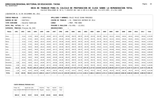 DIRECCION REGIONAL SECTORIAL DE EDUCACION - TACNA                                                                                                                                                               Página:       40
Ruc :20325722941
                                          HOJA DE TRABAJO PARA EL CALCULO DE PREPARACION DE CLASE SOBRE LA REMUNERACION TOTAL
                                                          CALCULO REALIZADO AL 30 %; Y AJUSTES DEL 16% A LOS D.U.090-1996, D.U.073-1997, D.U.011-1999

LIQUIDACION AL 31 DE DICIEMBRE DEL 2011

CODIGO MODULAR          : 1000475011                                         APELLIDOS Y NOMBRES: VELEZ VELEZ DIANA MERCEDES
NUMERO DE DNI           : 00475011                                           CENTRO DE TRABAJO      : IE. FRANCISCO ANTONIO DE ZELA
TIPO SERVIDOR           : Docente Nombrado                                   CARGO                  : PROF. POR HORA
NIVEL MAG. ACTUAL: IV - 24                                                   PERIODO A ANALIZAR : 02/1991 - 12/2011
EXPEDIEN. PROCESO: Proceso N§ 2505                                           OBSERVACIONES          :

   Meses     1991       1992       1993         1994     1995      1996       1997      1998     1999     2000     2001     2002     2003     2004     2005     2006     2007     2008     2009     2010      2011        Total



Enero                    10.16      47.04        68.04    136.14    140.69     187.73   245.58   245.58   309.79   309.79   324.78   324.78   354.78   392.53   422.53   444.81   444.81   444.81   444.81     444.81     5,743.99

Febrero                  10.16      47.04        68.04    136.14    140.69     187.73   245.58   245.58   309.79   309.79   324.78   324.78   354.78   392.53   422.53   444.81   444.81   444.81   444.81     444.81     5,743.99

Marzo                    10.16      47.04        68.04    136.14    140.69     187.73   245.58   245.58   309.79   309.79   324.78   324.78   354.78   392.53   422.53   444.81   444.81   444.81   444.81     444.81     5,743.99

Abril                    10.16      47.04        98.94    136.14    140.69     187.73   245.58   309.79   309.79   309.79   324.78   324.78   354.78   392.53   422.53   444.81   444.81   444.81   444.81     444.81     5,839.10

Mayo                     10.16      68.04        98.94    136.14    140.69     187.73   245.58   309.79   309.79   309.79   324.78   354.78   379.03   413.53   434.08   444.81   444.81   444.81   444.81     444.81     5,946.90

Junio                    10.16      68.04        98.94    136.14    140.69     187.73   245.58   309.79   309.79   309.79   324.78   354.78   379.03   413.53   434.08   444.81   444.81   444.81   444.81     444.81     5,946.90

Julio                    10.16      68.04        98.94    136.14    140.69     187.73   245.58   309.79   309.79   309.79   324.78   354.78   379.03   413.53   434.08   444.81   444.81   444.81   444.81     444.81     5,946.90

Agosto                   28.16      68.04        98.94    140.69    140.69     245.58   245.58   309.79   309.79   309.79   324.78   354.78   392.53   422.53   434.08   444.81   444.81   444.81   444.81     444.81     6,049.80

Setiembre                28.16      68.04        98.94    140.69    140.69     245.58   245.58   309.79   309.79   324.78   324.78   354.78   392.53   422.53   444.81   444.81   444.81   444.81   444.81     444.81     6,075.52

Octubre                  28.16      68.04       136.14    140.69    140.69     245.58   245.58   309.79   309.79   324.78   324.78   354.78   392.53   422.53   444.81   444.81   444.81   444.81   444.81     444.81     6,112.72

Noviembre       6.08     28.16      68.04       136.14    140.69   187.73      245.58   245.58   309.79   309.79   324.78   324.78   354.78   392.53   422.53   444.81   444.81   444.81   444.81   444.81     444.81     6,165.84

Diciembre       6.08     28.16      68.04       136.14    140.69   187.73      245.58   245.58   309.79   309.79   324.78   324.78   354.78   392.53   422.53   444.81   444.81   444.81   444.81   444.81     444.81     6,165.84

Usuario        12.16    211.92    732.48 1,206.18 1,656.43 1,782.36 2,542.01 2,946.96 3,524.85 3,717.48 3,777.44 3,897.36 4,137.36 4,518.86 4,923.36 5,205.68 5,337.72 5,337.72 5,337.72 5,337.72            5,337.72 71,481.49

Essalud         1.09     19.07      65.92       108.56    149.08   160.41      228.78   265.23   317.24   334.57   339.97   350.76   350.76   350.76   350.76   350.76   350.76   350.76   350.76   350.76     350.76     5,523.98

TOTAL          13.25    230.99    798.40 1,314.74 1,805.51 1,942.77 2,770.79 3,212.19 3,842.09 4,052.05 4,117.41 4,248.12 4,488.12 4,869.62 5,274.12 5,556.44 5,688.48 5,688.48 5,688.48 5,688.48            5,688.48 77,005.47




            COSTO MENSUAL PERIODO 2012

            Prepa. de          Ajuste del 16%            Importe    Total     Aporte    Costo
            Clase 30% DU.090-96 DU.073-97 DU.011-99      Pagado    Usuario    Essalud   Total



             385.43      26.35      30.57       35.46     33.00    444.81      40.03    484.84
 