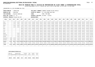 DIRECCION REGIONAL SECTORIAL DE EDUCACION - TACNA                                                                                                                                                               Página:       48
Ruc :20325722941
                                          HOJA DE TRABAJO PARA EL CALCULO DE PREPARACION DE CLASE SOBRE LA REMUNERACION TOTAL
                                                          CALCULO REALIZADO AL 30 %; Y AJUSTES DEL 16% A LOS D.U.090-1996, D.U.073-1997, D.U.011-1999

LIQUIDACION AL 31 DE DICIEMBRE DEL 2011

CODIGO MODULAR          : 1000421786                                         APELLIDOS Y NOMBRES: CONDORI CHIPANA FELIPA TEOFILA
NUMERO DE DNI           : 00421786                                           CENTRO DE TRABAJO      : IE. GUILLERMO AUZA ARCE
TIPO SERVIDOR           : Docente Nombrado                                   CARGO                  : PROF. POR HORA
NIVEL MAG. ACTUAL: II - 24                                                   PERIODO A ANALIZAR : 02/1991 - 12/2011
EXPEDIEN. PROCESO: Proceso N§ 3422                                           OBSERVACIONES          :

   Meses     1991       1992       1993         1994     1995      1996       1997      1998     1999     2000     2001     2002     2003     2004     2005     2006     2007     2008     2009     2010      2011        Total



Enero                    10.37      46.94        67.94    135.14    135.14     180.28   232.64   232.64   294.49   294.49   309.48   309.48   339.48   373.98   403.98   426.26   426.26   426.26   426.26     426.26     5,497.77

Febrero                  10.37      46.94        67.94    135.14    135.14     180.28   232.64   232.64   294.49   294.49   309.48   309.48   339.48   373.98   403.98   426.26   426.26   426.26   426.26     426.26     5,497.77

Marzo                    10.37      46.94        67.94    135.14    135.14     180.28   232.64   232.64   294.49   294.49   309.48   309.48   339.48   373.98   403.98   426.26   426.26   426.26   426.26     426.26     5,497.77

Abril                    10.37      46.94        98.54    135.14    135.14     180.28   232.64   294.49   294.49   294.49   309.48   309.48   339.48   373.98   403.98   426.26   426.26   426.26   426.26     426.26     5,590.22

Mayo                                             98.54    135.14    135.14     180.28   232.64   294.49   294.49   294.49   309.48   339.48   360.48   394.98   415.53   426.26   426.26   426.26   426.26     426.26     5,616.46

Junio                                            98.54    135.14    135.14     180.28   232.64   294.49   294.49   294.49   309.48   339.48   360.48   394.98   415.53   426.26   426.26   426.26   426.26     426.26     5,616.46

Julio                                            98.54    135.14    135.14     180.28   232.64   294.49   294.49   294.49   309.48   339.48   360.48   394.98   415.53   426.26   426.26   426.26   426.26     426.26     5,616.46

Agosto                              67.94        98.54    135.14    135.14     232.64   232.64   294.49   294.49   294.49   309.48   339.48   373.98   403.98   415.53   426.26   426.26   426.26   426.26     426.26     5,759.26

Setiembre                           67.94        98.54    135.14    135.14     232.64   232.64   294.49   294.49   309.48   309.48   339.48   373.98   403.98   426.26   426.26   426.26   426.26   426.26     426.26     5,784.98

Octubre                             67.94       135.14    135.14    135.14     232.64   232.64   294.49   294.49   309.48   309.48   339.48   373.98   403.98   426.26   426.26   426.26   426.26   426.26     426.26     5,821.58

Noviembre       6.08     28.37      67.94       135.14    135.14   180.28      232.64   232.64   294.49   294.49   309.48   309.48   339.48   373.98   403.98   426.26   426.26   426.26   426.26   426.26     426.26     5,901.17

Diciembre       6.08     28.37      67.94       135.14    135.14   180.28      232.64   232.64   294.49   294.49   309.48   309.48   339.48   373.98   403.98   426.26   426.26   426.26   426.26   426.26     426.26     5,901.17

Usuario        12.16     98.22    527.46 1,200.48 1,621.68 1,711.96 2,425.16 2,791.68 3,348.33 3,533.88 3,593.84 3,713.76 3,953.76 4,309.26 4,700.76 4,983.08 5,115.12 5,115.12 5,115.12 5,115.12            5,115.12 68,101.07

Essalud         1.09      8.84      47.47       108.04    145.95   154.08      218.26   251.25   301.35   318.05   323.45   334.24   334.24   334.24   334.24   334.24   334.24   334.24   334.24   334.24     334.24     5,219.67

TOTAL          13.25    107.06    574.93 1,308.52 1,767.63 1,866.04 2,643.42 3,042.93 3,649.68 3,851.93 3,917.29 4,048.00 4,288.00 4,643.50 5,035.00 5,317.32 5,449.36 5,449.36 5,449.36 5,449.36            5,449.36 73,320.74




            COSTO MENSUAL PERIODO 2012

            Prepa. de          Ajuste del 16%            Importe    Total     Aporte    Costo
            Clase 30% DU.090-96 DU.073-97 DU.011-99      Pagado    Usuario    Essalud   Total



             369.25      24.65      28.60       33.17     29.42    426.26      38.36    464.62
 