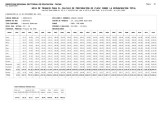 DIRECCION REGIONAL SECTORIAL DE EDUCACION - TACNA                                                                                                                                                               Página:       60
Ruc :20325722941
                                          HOJA DE TRABAJO PARA EL CALCULO DE PREPARACION DE CLASE SOBRE LA REMUNERACION TOTAL
                                                          CALCULO REALIZADO AL 30 %; Y AJUSTES DEL 16% A LOS D.U.090-1996, D.U.073-1997, D.U.011-1999

LIQUIDACION AL 31 DE DICIEMBRE DEL 2011

CODIGO MODULAR          : 1000434525                                         APELLIDOS Y NOMBRES: VARGAS ALBINA
NUMERO DE DNI           : 00434525                                           CENTRO DE TRABAJO      : IE. GUILLERMO AUZA ARCE
TIPO SERVIDOR           : Docente Nombrado                                   CARGO                  : PROF. POR HORA
NIVEL MAG. ACTUAL: III - 24                                                  PERIODO A ANALIZAR : 02/1991 - 12/2011
EXPEDIEN. PROCESO: Proceso N§ 3430                                           OBSERVACIONES          :

   Meses     1991       1992       1993         1994     1995      1996       1997      1998     1999     2000     2001     2002     2003     2004     2005     2006     2007     2008     2009     2010      2011        Total



Enero                    10.37      46.94        67.94    135.14    135.14     180.28   234.59   234.59   295.91   295.91   310.90   310.90   340.90   378.20   408.20   430.48   430.48   430.48   430.48     430.48     5,538.31

Febrero                  10.37      46.94        67.94    135.14    135.14     180.28   234.59   234.59   295.91   295.91   310.90   310.90   340.90   378.20   408.20   430.48   430.48   430.48   430.48     430.48     5,538.31

Marzo                    10.37      46.94        67.94    135.14    135.14     180.28   234.59   234.59   295.91   295.91   310.90   310.90   340.90   378.20   408.20   430.48   430.48   430.48   430.48     430.48     5,538.31

Abril                    10.37      46.94        98.54    135.14    135.14     180.28   234.59   295.91   295.91   295.91   310.90   310.90   340.90   378.20   408.20   430.48   430.48   430.48   430.48     430.48     5,630.23

Mayo                     10.37      67.94        98.54    135.14    135.14     180.28   234.59   295.91   295.91   295.91   310.90   340.90   364.70   399.20   419.75   430.48   430.48   430.48   430.48     430.48     5,737.58

Junio                    10.37      67.94        98.54    135.14    135.14     180.28   234.59   295.91   295.91   295.91   310.90   340.90   364.70   399.20   419.75   430.48   430.48   430.48   430.48     430.48     5,737.58

Julio                    10.37      67.94        98.54    135.14    135.14     180.28   234.59   295.91   295.91   295.91   310.90   340.90   364.70   399.20   419.75   430.48   430.48   430.48   430.48     430.48     5,737.58

Agosto                   28.37      67.94        98.54    135.14    135.14     234.59   234.59   295.91   295.91   295.91   310.90   340.90   378.20   408.20   419.75   430.48   430.48   430.48   430.48     430.48     5,832.39

Setiembre                28.37      67.94        98.54    135.14    135.14     234.59   234.59   295.91   295.91   310.90   310.90   340.90   378.20   408.20   430.48   430.48   430.48   430.48   430.48     430.48     5,858.11

Octubre                  28.37      67.94       135.14    135.14    135.14     234.59   234.59   295.91   295.91   310.90   310.90   340.90   378.20   408.20   430.48   430.48   430.48   430.48   430.48     430.48     5,894.71

Noviembre       6.08     28.37      67.94       135.14    135.14   180.28      234.59   234.59   295.91   295.91   310.90   310.90   340.90   378.20   408.20   430.48   430.48   430.48   430.48   430.48     430.48     5,945.93

Diciembre       6.08     28.37      67.94       135.14    135.14   180.28      234.59   234.59   295.91   295.91   310.90   310.90   340.90   378.20   408.20   430.48   430.48   430.48   430.48   430.48     430.48     5,945.93

Usuario        12.16    214.44    731.28 1,200.48 1,621.68 1,711.96 2,434.91 2,815.08 3,366.96 3,550.92 3,610.88 3,730.80 3,970.80 4,348.70 4,751.40 5,033.72 5,165.76 5,165.76 5,165.76 5,165.76            5,165.76 68,934.97

Essalud         1.09     19.30      65.82       108.04    145.95   154.08      219.14   253.36   303.03   319.58   324.98   335.77   335.77   335.77   335.77   335.77   335.77   335.77   335.77   335.77     335.77     5,294.64

TOTAL          13.25    233.74    797.10 1,308.52 1,767.63 1,866.04 2,654.05 3,068.44 3,669.99 3,870.50 3,935.86 4,066.57 4,306.57 4,684.47 5,087.17 5,369.49 5,501.53 5,501.53 5,501.53 5,501.53            5,501.53 74,229.61




            COSTO MENSUAL PERIODO 2012

            Prepa. de          Ajuste del 16%            Importe    Total     Aporte    Costo
            Clase 30% DU.090-96 DU.073-97 DU.011-99      Pagado    Usuario    Essalud   Total



             373.41      25.10      29.11       33.77     30.91    430.48      38.74    469.22
 