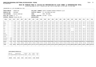 DIRECCION REGIONAL SECTORIAL DE EDUCACION - TACNA                                                                                                                                                               Página:       63
Ruc :20325722941
                                          HOJA DE TRABAJO PARA EL CALCULO DE PREPARACION DE CLASE SOBRE LA REMUNERACION TOTAL
                                                          CALCULO REALIZADO AL 30 %; Y AJUSTES DEL 16% A LOS D.U.090-1996, D.U.073-1997, D.U.011-1999

LIQUIDACION AL 31 DE DICIEMBRE DEL 2011

CODIGO MODULAR          : 8000077346                                         APELLIDOS Y NOMBRES: ZAPATA SALAMANCA NINOSKA ANTONIETA LILIA
NUMERO DE DNI           : 00476909                                           CENTRO DE TRABAJO      : IE. GUILLERMO AUZA ARCE
TIPO SERVIDOR           : Docente Nombrado                                   CARGO                  : PROF. POR HORA
NIVEL MAG. ACTUAL: IV - 24                                                   PERIODO A ANALIZAR : 02/1991 - 12/2011
EXPEDIEN. PROCESO: Proceso N§ 3425                                           OBSERVACIONES          :

   Meses     1991       1992       1993         1994     1995      1996       1997      1998     1999     2000     2001     2002     2003     2004     2005     2006     2007     2008     2009     2010      2011        Total



Enero                    10.16      47.04        68.04    136.14    148.02     197.39   257.96   257.96   325.33   325.33   340.31   340.31   370.31   409.47   439.47   461.74   461.74   461.74   461.74     461.74     5,981.94

Febrero                  10.16      47.04        68.04    136.14    148.02     197.39   257.96   257.96   325.33   325.33   340.31   340.31   370.31   409.47   439.47   461.74   461.74   461.74   461.74     461.74     5,981.94

Marzo                    10.16      47.04        68.04    136.14    148.02     197.39   257.96   257.96   325.33   325.33   340.31   340.31   370.31   409.47   439.47   461.74   461.74   461.74   461.74     461.74     5,981.94

Abril                    10.16      47.04        98.94    136.14    148.02     197.39   257.96   325.33   325.33   325.33   340.31   340.31   370.31   409.47   439.47   461.74   461.74   461.74              461.74     5,618.47

Mayo                     10.16      68.04        98.94    136.14    148.02     197.39   257.96   325.33   325.33   325.33   340.31   370.31   395.97   430.47   451.02            461.74   461.74   461.74     461.74     5,727.68

Junio                    10.16      68.04        98.94    136.14    148.02     197.39   257.96   325.33   325.33   325.33   340.31   370.31   395.97   430.47   451.02            461.74   461.74   461.74     461.74     5,727.68

Julio                    10.16      68.04        98.94    136.14    148.02     197.39   257.96   325.33   325.33   325.33   340.31   370.31   395.97   430.47   451.02   461.74   461.74   461.74   461.74     461.74     6,189.42

Agosto                   28.16      68.04        98.94    148.02    148.02     257.96   257.96   325.33   325.33   325.33   340.31   370.31   409.47   439.47   451.02   461.74   461.74   461.74   461.74     461.74     6,302.37

Setiembre                28.16      68.04        98.94    148.02    148.02     257.96   257.96   325.33   325.33   340.31   340.31   370.31   409.47   439.47   461.74   461.74   461.74   461.74   461.74     461.74     6,328.07

Octubre                  28.16      68.04       136.14    148.02    148.02     257.96   257.96   325.33   325.33   340.31   340.31   370.31   409.47   439.47   461.74   461.74   461.74   461.74   461.74     461.74     6,365.27

Noviembre       6.08     28.16      68.04       136.14    148.02   197.39      257.96   257.96   325.33   325.33   340.31   340.31   370.31   409.47   439.47   461.74   461.74   461.74   461.74   461.74     461.74     6,420.72

Diciembre       6.08     28.16      68.04       136.14    148.02   197.39      257.96   257.96   325.33   325.33   340.31   340.31   370.31   409.47   439.47   461.74   461.74   461.74   461.74   461.74     461.74     6,420.72

Usuario        12.16    211.92    732.48 1,206.18 1,693.08 1,874.98 2,671.53 3,095.52 3,701.85 3,903.96 3,963.88 4,083.72 4,323.72 4,716.50 5,126.64 5,408.92 4,617.40 5,540.88 5,540.88 5,079.14            5,540.88 73,046.22

Essalud         1.09     19.07      65.92       108.56    152.38   168.75      240.44   278.60   333.17   351.36   356.75   367.53   367.53   367.53   367.53   367.53   367.53   367.53   367.53   367.53     367.53     5,697.12

TOTAL          13.25    230.99    798.40 1,314.74 1,845.46 2,043.73 2,911.97 3,374.12 4,035.02 4,255.32 4,320.63 4,451.25 4,691.25 5,084.03 5,494.17 5,776.45 4,984.93 5,908.41 5,908.41 5,446.67            5,908.41 78,743.34




            COSTO MENSUAL PERIODO 2012

            Prepa. de          Ajuste del 16%            Importe    Total     Aporte    Costo
            Clase 30% DU.090-96 DU.073-97 DU.011-99      Pagado    Usuario    Essalud   Total



             396.85      27.52      31.93       37.03     31.59    461.74      41.56    503.30
 