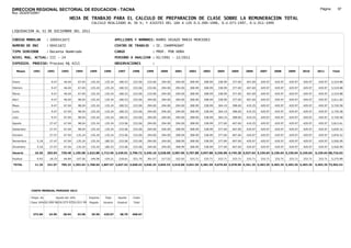 DIRECCION REGIONAL SECTORIAL DE EDUCACION - TACNA                                                                                                                                                               Página:       97
Ruc :20325722941
                                          HOJA DE TRABAJO PARA EL CALCULO DE PREPARACION DE CLASE SOBRE LA REMUNERACION TOTAL
                                                          CALCULO REALIZADO AL 30 %; Y AJUSTES DEL 16% A LOS D.U.090-1996, D.U.073-1997, D.U.011-1999

LIQUIDACION AL 31 DE DICIEMBRE DEL 2011

CODIGO MODULAR          : 1000411672                                         APELLIDOS Y NOMBRES: RAMOS VEGAZO MARIA MERCEDES
NUMERO DE DNI           : 00411672                                           CENTRO DE TRABAJO      : IE. CHAMPAGNAT
TIPO SERVIDOR           : Docente Nombrado                                   CARGO                  : PROF. POR HORA
NIVEL MAG. ACTUAL: III - 24                                                  PERIODO A ANALIZAR : 02/1991 - 12/2011
EXPEDIEN. PROCESO: Proceso N§ 4215                                           OBSERVACIONES          :

   Meses     1991       1992       1993         1994     1995      1996       1997      1998     1999     2000     2001     2002     2003     2004     2005     2006     2007     2008     2009     2010      2011        Total



Enero                     9.47      46.04        67.04    135.24    135.24     180.53   233.06   233.06   294.00   294.00   308.99   308.99   338.99   377.69   407.69   429.97   429.97   429.97   429.97     429.97     5,519.88

Febrero                   9.47      46.04        67.04    135.24    135.24     180.53   233.06   233.06   294.00   294.00   308.99   308.99   338.99   377.69   407.69   429.97   429.97   429.97   429.97     429.97     5,519.88

Marzo                     9.47      46.04        67.04    135.24    135.24     180.53   233.06   233.06   294.00   294.00   308.99   308.99   338.99   377.69   407.69   429.97   429.97   429.97   429.97     429.97     5,519.88

Abril                     9.47      46.04        98.04    135.24    135.24     180.53   233.06   294.00   294.00   294.00   308.99   308.99   338.99   377.69   407.69   429.97   429.97   429.97   429.97     429.97     5,611.82

Mayo                      9.47      67.04        98.04    135.24    135.24     180.53   233.06   294.00   294.00   294.00   308.99   338.99   364.19   398.69   419.25   429.97   429.97   429.97   429.97     429.97     5,720.58

Junio                     9.47      67.04        98.04    135.24    135.24     180.53   233.06   294.00   294.00   294.00   308.99   338.99   364.19   398.69   419.25   429.97   429.97   429.97   429.97     429.97     5,720.58

Julio                     9.47      67.04        98.04    135.24    135.24     180.53   233.06   294.00   294.00   294.00   308.99   338.99   364.19   398.69   419.25   429.97   429.97   429.97   429.97     429.97     5,720.58

Agosto                   27.47      67.04        98.04    135.24    135.24     233.06   233.06   294.00   294.00   294.00   308.99   338.99   377.69   407.69   419.25   429.97   429.97   429.97   429.97     429.97     5,813.61

Setiembre                27.47      67.04        98.04    135.24    135.24     233.06   233.06   294.00   294.00   308.99   308.99   338.99   377.69   407.69   429.97   429.97   429.97   429.97   429.97     429.97     5,839.32

Octubre                  27.47      67.04       135.24    135.24    135.24     233.06   233.06   294.00   294.00   308.99   308.99   338.99   377.69   407.69   429.97   429.97   429.97   429.97   429.97     429.97     5,876.52

Noviembre       5.18     27.47      67.04       135.24    135.24   180.53      233.06   233.06   294.00   294.00   308.99   308.99   338.99   377.69   407.69   429.97   429.97   429.97   429.97   429.97     429.97     5,926.99

Diciembre       5.18     27.47      67.04       135.24    135.24   180.53      233.06   233.06   294.00   294.00   308.99   308.99   338.99   377.69   407.69   429.97   429.97   429.97   429.97   429.97     429.97     5,926.99

Usuario        10.36    203.64    720.48 1,195.08 1,622.88 1,713.46 2,429.01 2,796.72 3,345.18 3,528.00 3,587.96 3,707.88 3,947.88 4,336.98 4,745.28 5,027.64 5,159.64 5,159.64 5,159.64 5,159.64            5,159.64 68,716.63

Essalud         0.93     18.33      64.84       107.56    146.06   154.21      218.61   251.70   301.07   317.52   322.92   333.71   333.71   333.71   333.71   333.71   333.71   333.71   333.71   333.71     333.71     5,275.89

TOTAL          11.29    221.97    785.32 1,302.64 1,768.94 1,867.67 2,647.62 3,048.42 3,646.25 3,845.52 3,910.88 4,041.59 4,281.59 4,670.69 5,078.99 5,361.35 5,493.35 5,493.35 5,493.35 5,493.35            5,493.35 73,992.52




            COSTO MENSUAL PERIODO 2012

            Prepa. de          Ajuste del 16%            Importe    Total     Aporte    Costo
            Clase 30% DU.090-96 DU.073-97 DU.011-99      Pagado    Usuario    Essalud   Total



             372.00      24.95      28.94       33.58     29.50    429.97      38.70    468.67
 