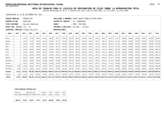 DIRECCION REGIONAL SECTORIAL DE EDUCACION - TACNA                                                                                                                                                               Página:       99
Ruc :20325722941
                                          HOJA DE TRABAJO PARA EL CALCULO DE PREPARACION DE CLASE SOBRE LA REMUNERACION TOTAL
                                                          CALCULO REALIZADO AL 30 %; Y AJUSTES DEL 16% A LOS D.U.090-1996, D.U.073-1997, D.U.011-1999

LIQUIDACION AL 31 DE DICIEMBRE DEL 2011

CODIGO MODULAR          : 8000077350                                         APELLIDOS Y NOMBRES: SANTA MARIA TUMBILLO ROSA MARIA
NUMERO DE DNI           : 00465388                                           CENTRO DE TRABAJO      : IE. CHAMPAGNAT
TIPO SERVIDOR           : Docente Nombrado                                   CARGO                  : PROF. POR HORA
NIVEL MAG. ACTUAL: III - 24                                                  PERIODO A ANALIZAR : 02/1991 - 12/2011
EXPEDIEN. PROCESO: Proceso N§ 4224                                           OBSERVACIONES          :

   Meses     1991       1992       1993         1994     1995      1996       1997      1998     1999     2000     2001     2002     2003     2004     2005     2006     2007     2008     2009     2010      2011        Total



Enero                    10.16      47.04        68.04    136.14    140.58     187.57   242.09   242.09   305.32   305.32   320.31   320.31   350.31   387.61   417.61   439.89   439.89   439.89   439.89     439.89     5,679.95

Febrero                  10.16      47.04        68.04    136.14    140.58     187.57   242.09   242.09   305.32   305.32   320.31   320.31   350.31   387.61   417.61   439.89   439.89   439.89   439.89     439.89     5,679.95

Marzo                    10.16      47.04        68.04    136.14    140.58     187.57   242.09   242.09   305.32   305.32   320.31   320.31   350.31   387.61   417.61   439.89   439.89   439.89   439.89     439.89     5,679.95

Abril                    10.16      47.04        98.94    136.14    140.58     187.57   242.09   305.32   305.32   305.32   320.31   320.31   350.31   387.61   417.61   439.89   439.89   439.89   439.89     439.89     5,774.08

Mayo                     10.16      68.04        98.94    136.14    140.58     187.57   242.09   305.32   305.32   305.32   320.31   350.31   374.11   408.61   429.16   439.89   439.89   439.89   439.89     439.89     5,881.43

Junio                    10.16      68.04        98.94    136.14    140.58     187.57   242.09   305.32   305.32   305.32   320.31   350.31   374.11   408.61   429.16   439.89   439.89   439.89   439.89     439.89     5,881.43

Julio                    10.16      68.04        98.94    136.14    140.58     187.57   242.09   305.32   305.32   305.32   320.31   350.31   374.11   408.61   429.16   439.89   439.89   439.89   439.89     439.89     5,881.43

Agosto                   28.16      68.04        98.94    140.58    140.58     242.09   242.09   305.32   305.32   305.32   320.31   350.31   387.61   417.61   429.16   439.89   439.89   439.89   439.89     439.89     5,980.89

Setiembre                28.16      68.04        98.94    140.58    140.58     242.09   242.09   305.32   305.32   320.31   320.31   350.31   387.61   417.61   439.89   439.89   439.89   439.89   439.89     439.89     6,006.61

Octubre                  28.16      68.04       136.14    140.58    140.58     242.09   242.09   305.32   305.32   320.31   320.31   350.31   387.61   417.61   439.89   439.89   439.89   439.89   439.89     439.89     6,043.81

Noviembre       6.08     28.16      68.04       136.14    140.58   187.57      242.09   242.09   305.32   305.32   320.31   320.31   350.31   387.61   417.61   439.89   439.89   439.89   439.89   439.89     439.89     6,096.88

Diciembre       6.08     28.16      68.04       136.14    140.58   187.57      242.09   242.09   305.32   305.32   320.31   320.31   350.31   387.61   417.61   439.89   439.89   439.89   439.89   439.89     439.89     6,096.88

Usuario        12.16    211.92    732.48 1,206.18 1,655.88 1,780.94 2,523.44 2,905.08 3,474.15 3,663.84 3,723.80 3,843.72 4,083.72 4,461.62 4,864.32 5,146.64 5,278.68 5,278.68 5,278.68 5,278.68            5,278.68 70,683.29

Essalud         1.09     19.07      65.92       108.56    149.03   160.28      227.11   261.46   312.67   329.75   335.14   345.93   345.93   345.93   345.93   345.93   345.93   345.93   345.93   345.93     345.93     5,452.57

TOTAL          13.25    230.99    798.40 1,314.74 1,804.91 1,941.22 2,750.55 3,166.54 3,786.82 3,993.59 4,058.94 4,189.65 4,429.65 4,807.55 5,210.25 5,492.57 5,624.61 5,624.61 5,624.61 5,624.61            5,624.61 76,135.86




            COSTO MENSUAL PERIODO 2012

            Prepa. de          Ajuste del 16%            Importe    Total     Aporte    Costo
            Clase 30% DU.090-96 DU.073-97 DU.011-99      Pagado    Usuario    Essalud   Total



             380.33      25.81      29.93       34.72     30.91    439.89      39.59    479.48
 