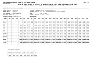 DIRECCION REGIONAL SECTORIAL DE EDUCACION - TACNA                                                                                                                                                               Página:      113
Ruc :20325722941
                                          HOJA DE TRABAJO PARA EL CALCULO DE PREPARACION DE CLASE SOBRE LA REMUNERACION TOTAL
                                                          CALCULO REALIZADO AL 30 %; Y AJUSTES DEL 16% A LOS D.U.090-1996, D.U.073-1997, D.U.011-1999

LIQUIDACION AL 31 DE DICIEMBRE DEL 2011

CODIGO MODULAR          : 1000490532                                         APELLIDOS Y NOMBRES: FUENTES ALMENDRE MANUELA GINA
NUMERO DE DNI           : 00490532                                           CENTRO DE TRABAJO      : IE. 42113 JOSE ANTONIO ENCINAS FRANCO - HUAYTIRI
TIPO SERVIDOR           : Docente Nombrado                                   CARGO                  : PROF. DE AULA
NIVEL MAG. ACTUAL: II - 30                                                   PERIODO A ANALIZAR : 02/1991 - 12/2011
EXPEDIEN. PROCESO: Proceso N§ 4742                                           OBSERVACIONES          :

   Meses     1991       1992       1993         1994     1995      1996       1997      1998     1999     2000     2001     2002     2003     2004     2005     2006     2007     2008     2009     2010      2011        Total



Enero                                                     140.12   140.12      186.96   241.29   241.29   304.32   304.32   323.03   323.03   353.03   387.53   417.53   445.88   445.88   445.88   445.88     445.88     5,591.97

Febrero                                                   140.12   140.12      186.96   241.29   241.29   304.32   304.32   323.03   323.03   353.03   387.53   417.53   445.88   445.88   445.88   445.88     445.88     5,591.97

Marzo                                                              140.12                                                   323.03   323.03   353.03   387.53   417.53   445.88   445.88   445.88   445.88     445.88     4,173.67

Abril                                           101.72    140.12    140.12              241.29   304.32   304.32   304.32   323.03   323.03   353.03   387.53   417.53   445.88   445.88   445.88   445.88     445.88     5,569.76

Mayo                                            101.72    140.12    140.12              241.29   304.32   304.32   304.32   323.03   353.03   374.03   408.53   432.23   445.88   445.88   445.88   445.88     445.88     5,656.46

Junio                                           101.72    140.12    140.12     186.96   241.29   304.32   304.32   304.32   323.03   353.03   374.03   408.53   432.23            445.88   445.88   445.88     445.88     5,397.54

Julio                                           101.72    140.12    140.12     186.96   241.29   304.32   304.32   304.32   323.03   353.03   374.03   408.53   432.23   445.88   445.88   445.88   445.88     445.88     5,843.42

Agosto                                          101.72    140.12    140.12     241.29   241.29   304.32   304.32   304.32   323.03   353.03   387.53   417.53   432.23   445.88   445.88   445.88   445.88     445.88     5,920.25

Setiembre                                       101.72    140.12    140.12     241.29   241.29   304.32   304.32   323.03   323.03   353.03   387.53   417.53   445.88   445.88   445.88   445.88   445.88     445.88     5,952.61

Octubre                                         140.12    140.12    140.12     241.29   241.29   304.32   304.32   323.03   323.03   353.03   387.53   417.53   445.88   445.88   445.88   445.88   445.88     445.88     5,991.01

Noviembre                                       140.12    140.12    186.96     241.29   241.29   304.32   304.32   323.03   323.03   353.03   387.53   417.53   445.88   445.88   445.88   445.88   445.88     445.88     6,037.85

Diciembre                                       140.12    140.12    186.96     241.29   241.29   304.32   304.32   323.03   323.03   353.03   387.53   417.53   445.88   445.88   445.88   445.88   445.88     445.88     6,037.85

Usuario                                     1,030.68 1,541.32 1,775.12 1,954.29 2,654.19 3,221.46 3,347.52 3,422.36 3,876.36 4,116.36 4,471.86 4,863.36 5,182.56 4,904.68 5,350.56 5,350.56 5,350.56         5,350.56 67,764.36

Essalud                                          92.76    138.72    159.76     175.89   238.88   289.93   301.28   308.01   348.87   348.87   348.87   348.87   348.87   348.87   348.87   348.87   348.87     348.87     5,164.68

TOTAL                                       1,123.44 1,680.04 1,934.88 2,130.18 2,893.07 3,511.39 3,648.80 3,730.37 4,225.23 4,465.23 4,820.73 5,212.23 5,531.43 5,253.55 5,699.43 5,699.43 5,699.43         5,699.43 72,929.04




            COSTO MENSUAL PERIODO 2012

            Prepa. de          Ajuste del 16%            Importe    Total     Aporte    Costo
            Clase 30% DU.090-96 DU.073-97 DU.011-99      Pagado    Usuario    Essalud   Total



             385.38      25.70      29.81       34.58     29.59    445.88      40.13    486.01
 
