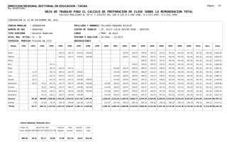 DIRECCION REGIONAL SECTORIAL DE EDUCACION - TACNA                                                                                                                                                               Página:      121
Ruc :20325722941
                                          HOJA DE TRABAJO PARA EL CALCULO DE PREPARACION DE CLASE SOBRE LA REMUNERACION TOTAL
                                                          CALCULO REALIZADO AL 30 %; Y AJUSTES DEL 16% A LOS D.U.090-1996, D.U.073-1997, D.U.011-1999

LIQUIDACION AL 31 DE DICIEMBRE DEL 2011

CODIGO MODULAR          : 1000664568                                         APELLIDOS Y NOMBRES: TELLERIA MAQUERA NICASIO
NUMERO DE DNI           : 00664568                                           CENTRO DE TRABAJO      : IE. 42127 LUCIA QUISPE NINA - ARICOTA
TIPO SERVIDOR           : Docente Nombrado                                   CARGO                  : PROF. DE AULA
NIVEL MAG. ACTUAL: II - 30                                                   PERIODO A ANALIZAR : 02/1991 - 12/2011
EXPEDIEN. PROCESO: Proceso N§ 5722                                           OBSERVACIONES          :

   Meses     1991       1992       1993         1994     1995      1996       1997      1998     1999    2000      2001     2002     2003     2004     2005     2006     2007     2008     2009     2010      2011        Total



Enero                                                     140.12   144.73      193.04   249.08                              329.07   329.07   359.07   393.57   423.57   451.92   451.92   451.92   451.92     451.92     4,820.92

Febrero                                                   140.12   144.73      193.04   249.08                              329.07   329.07   359.07   393.57   423.57   451.92   451.92   451.92   451.92     451.92     4,820.92

Marzo                                                                                                                                         359.07   393.57   423.57   451.92   451.92   451.92   451.92     451.92     3,435.81

Abril                                           101.72                                                                               329.07   359.07   393.57   423.57   451.92   451.92   451.92   451.92     451.92     3,866.60

Mayo                                            101.72    140.12    144.73                                         314.09   329.07   359.07   380.07   414.57   438.27   451.92   451.92   451.92   451.92     451.92     4,881.31

Junio                    12.37                  101.72    140.12    144.73     193.04                              314.09   329.07   359.07   380.07   414.57   438.27   451.92   451.92   451.92   451.92     451.92     5,086.72

Julio                    12.37                  101.72    140.12    144.73     193.04                              314.09   329.07   359.07   380.07   414.57   438.27   451.92   451.92   451.92   451.92     451.92     5,086.72

Agosto                   30.37                  101.72    144.73    144.73     249.08   249.08                     314.09   329.07   359.07   393.57   423.57   438.27   451.92   451.92   451.92   451.92     451.92     5,436.95

Setiembre                30.37      70.22       101.72    144.73    144.73     249.08   249.08            314.09   329.07   329.07   359.07   393.57   423.57   451.92   451.92   451.92   451.92   451.92     451.92     5,849.89

Octubre                             70.22       140.12    144.73    144.73     249.08   249.08            314.09   329.07   329.07   359.07   393.57   423.57   451.92   451.92   451.92   451.92   451.92     451.92     5,857.92

Noviembre                           70.22       140.12    144.73    193.04     249.08   249.08            314.09   329.07   329.07   359.07   393.57   423.57   451.92   451.92   451.92   451.92   451.92     451.92     5,906.23

Diciembre                           70.22       140.12    144.73    193.04     249.08                     314.09   329.07   329.07   359.07   393.57   423.57   451.92   451.92   451.92   451.92   451.92     451.92     5,657.15

Usuario                  85.48    280.88 1,030.68 1,424.25 1,543.92 2,017.56 1,494.48                   1,256.36 2,572.64 3,290.70 3,859.77 4,544.34 4,935.84 5,255.04 5,423.04 5,423.04 5,423.04 5,423.04   5,423.04 60,707.14

Essalud                   7.69      25.28        92.76    128.18    138.95     181.58   134.50            113.07   231.54   296.16   296.16   296.16   296.16   296.16   296.16   296.16   296.16   296.16     296.16     4,519.21

TOTAL                    93.17    306.16 1,123.44 1,552.43 1,682.87 2,199.14 1,628.98                   1,369.43 2,804.18 3,586.86 4,155.93 4,840.50 5,232.00 5,551.20 5,719.20 5,719.20 5,719.20 5,719.20   5,719.20 65,226.35




            COSTO MENSUAL PERIODO 2012

            Prepa. de          Ajuste del 16%            Importe    Total     Aporte    Costo
            Clase 30% DU.090-96 DU.073-97 DU.011-99      Pagado    Usuario    Essalud   Total



             388.59      26.01      30.17       35.00     27.85    451.92      40.67    492.60
 