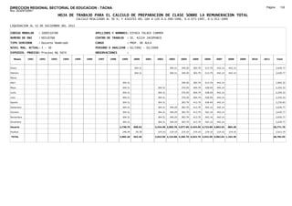 DIRECCION REGIONAL SECTORIAL DE EDUCACION - TACNA                                                                                                                                  Página:      130
Ruc :20325722941
                                 HOJA DE TRABAJO PARA EL CALCULO DE PREPARACION DE CLASE SOBRE LA REMUNERACION TOTAL
                                           CALCULO REALIZADO AL 30 %; Y AJUSTES DEL 16% A LOS D.U.090-1996, D.U.073-1997, D.U.011-1999

LIQUIDACION AL 31 DE DICIEMBRE DEL 2011

CODIGO MODULAR     : 1000510788                         APELLIDOS Y NOMBRES: ESTACA TALACE CARMEN
NUMERO DE DNI      : 00510788                           CENTRO DE TRABAJO    : IE. 42224 JACOPUNCO
TIPO SERVIDOR      : Docente Nombrado                   CARGO                : PROF. DE AULA
NIVEL MAG. ACTUAL: I - 30                               PERIODO A ANALIZAR : 02/1991 - 02/2008
EXPEDIEN. PROCESO: Proceso N§ 5674                      OBSERVACIONES        :

   Meses    1991   1992   1993     1994   1995   1996    1997   1998     1999      2000     2001    2002      2003     2004     2005     2006     2007     2008     2009   2010   2011       Total



Enero                                                                              304.31                     304.31   349.29   383.79   413.79   442.14   442.14                            2,639.77

Febrero                                                                            304.31                     304.31   349.29   383.79   413.79   442.14   442.14                            2,639.77

Marzo

Abril                                                                     304.31                                       349.29   383.79   413.79   442.14                                     1,893.32

Mayo                                                                      304.31                     304.31            370.29   404.79   428.49   442.14                                     2,254.33

Junio                                                                     304.31                     304.31            370.29   404.79   428.49   442.14                                     2,254.33

Julio                                                                     304.31                     304.31            370.29   404.79   428.49   442.14                                     2,254.33

Agosto                                                                    304.31                     304.31            383.79   413.79   428.49   442.14                                     2,276.83

Setiembre                                                                 304.31                     304.31   349.29   383.79   413.79   442.14   442.14                                     2,639.77

Octubre                                                                   304.31                     304.31   349.29   383.79   413.79   442.14   442.14                                     2,639.77

Noviembre                                                                 304.31                     304.31   349.29   383.79   413.79   442.14   442.14                                     2,639.77

Diciembre                                                                 304.31                     304.31   349.29   383.79   413.79   442.14   442.14                                     2,639.77

Usuario                                                                 2,738.79   608.62          2,434.48 2,005.78 4,077.69 4,434.69 4,723.89 4,863.54   884.28                        26,771.76

Essalud                                                                   246.49    54.78            219.10   219.10   219.10   219.10   219.10   219.10   219.10                            2,012.19

TOTAL                                                                   2,985.28   663.40          2,653.58 2,224.88 4,296.79 4,653.79 4,942.99 5,082.64 1,103.38                        28,783.95
 