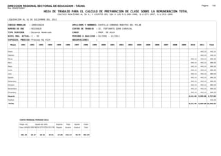 DIRECCION REGIONAL SECTORIAL DE EDUCACION - TACNA                                                                                                                                          Página:     138
Ruc :20325722941
                                          HOJA DE TRABAJO PARA EL CALCULO DE PREPARACION DE CLASE SOBRE LA REMUNERACION TOTAL
                                                         CALCULO REALIZADO AL 30 %; Y AJUSTES DEL 16% A LOS D.U.090-1996, D.U.073-1997, D.U.011-1999

LIQUIDACION AL 31 DE DICIEMBRE DEL 2011

CODIGO MODULAR          : 1000326628                                        APELLIDOS Y NOMBRES: CASTILLO CORDOVA MARITZA DEL PILAR
NUMERO DE DNI           : 00326628                                          CENTRO DE TRABAJO      : IE. FORTUNATO ZORA CARVAJAL
TIPO SERVIDOR           : Docente Nombrado                                  CARGO                  : PROF. DE AULA
NIVEL MAG. ACTUAL: I - 30                                                   PERIODO A ANALIZAR : 02/1991 - 12/2011
EXPEDIEN. PROCESO: Proceso N§ 4524                                          OBSERVACIONES          :

   Meses     1991       1992       1993         1994    1995      1996       1997      1998     1999   2000   2001   2002   2003   2004   2005   2006   2007   2008   2009    2010       2011        Total



Enero                                                                                                                                                                                     442.14     442.14

Febrero                                                                                                                                                                                   442.14     442.14

Marzo                                                                                                                                                                          442.14     442.14     884.28

Abril                                                                                                                                                                          442.14     442.14     884.28

Mayo                                                                                                                                                                           442.14     442.14     884.28

Junio                                                                                                                                                                          442.14     442.14     884.28

Julio                                                                                                                                                                          442.14     442.14     884.28

Agosto                                                                                                                                                                         442.14     442.14     884.28

Setiembre                                                                                                                                                                      442.14     442.14     884.28

Octubre                                                                                                                                                                        442.14     442.14     884.28

Noviembre                                                                                                                                                                      442.14     442.14     884.28

Diciembre                                                                                                                                                                      442.14     442.14     884.28

Usuario                                                                                                                                                                      4,421.40   5,305.68   9,727.08

Essalud                                                                                                                                                                                              632.28

TOTAL                                                                                                                                                                        4,421.40   5,305.68 10,359.36




            COSTO MENSUAL PERIODO 2012

            Prepa. de          Ajuste del 16%           Importe    Total     Aporte    Costo
            Clase 30% DU.090-96 DU.073-97 DU.011-99     Pagado    Usuario    Essalud   Total



             381.39      25.27      29.32       34.01    27.85    442.14      39.79    481.94
 