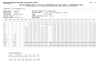 DIRECCION REGIONAL SECTORIAL DE EDUCACION - TACNA                                                                                                                                                               Página:      156
Ruc :20325722941
                                          HOJA DE TRABAJO PARA EL CALCULO DE PREPARACION DE CLASE SOBRE LA REMUNERACION TOTAL
                                                          CALCULO REALIZADO AL 30 %; Y AJUSTES DEL 16% A LOS D.U.090-1996, D.U.073-1997, D.U.011-1999

LIQUIDACION AL 31 DE DICIEMBRE DEL 2011

CODIGO MODULAR          : 1000417820                                         APELLIDOS Y NOMBRES: LLACLLA CONDORI ADOLFO
NUMERO DE DNI           : 00417820                                           CENTRO DE TRABAJO      : IE. 42076 JOSE CARLOS MARIATEGUI - CAMILACA
TIPO SERVIDOR           : Docente Nombrado                                   CARGO                  : PROF. POR HORA
NIVEL MAG. ACTUAL: II - 24                                                   PERIODO A ANALIZAR : 02/1991 - 12/2011
EXPEDIEN. PROCESO: Proceso N§ 5705                                           OBSERVACIONES          :

   Meses     1991       1992       1993         1994     1995      1996       1997      1998     1999     2000     2001     2002     2003     2004     2005     2006     2007     2008     2009     2010      2011        Total



Enero                                                              134.24      179.09   231.12   231.12   291.47   291.47   306.45   306.45   338.99   373.49   403.49   425.77   425.77   425.77   425.77     425.77     5,216.23

Febrero                                                            134.24      179.09   231.12   231.12   291.47   291.47   306.45   306.45   338.99   373.49   403.49   425.77   425.77   425.77   425.77     425.77     5,216.23

Marzo                                                              134.24      179.09   231.12            291.47            306.45   306.45   338.99   373.49   403.49   425.77   425.77   425.77   425.77     425.77     4,693.64

Abril                                                     134.24   134.24      179.09   231.12   291.47   291.47            306.45   306.45   338.99   373.49   403.49   425.77   425.77   425.77   425.77     425.77     5,119.35

Mayo                                                      134.24   134.24      179.09   231.12   291.47   291.47            306.45   338.99   359.99   394.49   415.04   425.77   425.77   425.77   425.77     425.77     5,205.44

Junio                                                     134.24   134.24      179.09   231.12   291.47   291.47            306.45   338.99   359.99   394.49   415.04   425.77   425.77   425.77   425.77     425.77     5,205.44

Julio                                                     134.24   134.24      179.09   231.12   291.47   291.47            306.45   338.99   359.99   394.49   415.04   425.77   425.77   425.77   425.77     425.77     5,205.44

Agosto                   27.47                            134.24    134.24     231.12   231.12   291.47   291.47            306.45   338.99   373.49   403.49   415.04   425.77   425.77   425.77   425.77     425.77     5,307.44

Setiembre                27.47                            134.24    134.24     231.12   231.12   291.47   291.47            306.45   338.99   373.49   403.49   425.77   425.77   425.77   425.77   425.77     425.77     5,318.17

Octubre                  27.47                            134.24    134.24     231.12   231.12   291.47   291.47            306.45   338.99   373.49   403.49   425.77   425.77   425.77   425.77   425.77     425.77     5,318.17

Noviembre                27.47                            134.24    179.09     231.12   231.12   291.47   291.47            306.45   338.99   373.49   403.49   425.77   425.77   425.77   425.77   425.77     425.77     5,363.02

Diciembre                27.47                            134.24    179.09     231.12   231.12   291.47   291.47            306.45   338.99   373.49   403.49   425.77   425.77   425.77   425.77   425.77     425.77     5,363.02

Usuario                 137.35                          1,208.16 1,700.58 2,409.23 2,773.44 3,085.47 3,497.64      582.94 3,677.40 3,937.72 4,303.38 4,694.88 4,977.20 5,109.24 5,109.24 5,109.24 5,109.24   5,109.24 62,531.59

Essalud                  12.36                            108.73    153.05     216.83   249.61   277.69   314.79    52.46   330.97   330.97   330.97   330.97   330.97   330.97   330.97   330.97   330.97     330.97     4,718.96

TOTAL                   149.71                          1,316.89 1,853.63 2,626.06 3,023.05 3,363.16 3,812.43      635.40 4,008.37 4,268.69 4,634.35 5,025.85 5,308.17 5,440.21 5,440.21 5,440.21 5,440.21   5,440.21 67,250.55




            COSTO MENSUAL PERIODO 2012

            Prepa. de          Ajuste del 16%            Importe    Total     Aporte    Costo
            Clase 30% DU.090-96 DU.073-97 DU.011-99      Pagado    Usuario    Essalud   Total



             367.85      24.51      28.43       32.98     28.00    425.77      38.32    464.08
 