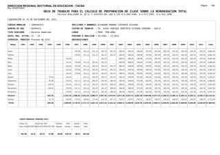 DIRECCION REGIONAL SECTORIAL DE EDUCACION - TACNA                                                                                                                                                                Página:      168
Ruc :20325722941
                                          HOJA DE TRABAJO PARA EL CALCULO DE PREPARACION DE CLASE SOBRE LA REMUNERACION TOTAL
                                                          CALCULO REALIZADO AL 30 %; Y AJUSTES DEL 16% A LOS D.U.090-1996, D.U.073-1997, D.U.011-1999

LIQUIDACION AL 31 DE DICIEMBRE DEL 2011

CODIGO MODULAR          : 1000495472                                          APELLIDOS Y NOMBRES: ALVARADO MAMANI STEFANIA VIVIANA
NUMERO DE DNI           : 00495472                                            CENTRO DE TRABAJO      : IE. 42091 ENRIQUE DEMETRIO ESTRADA SERRANO - QUILA
TIPO SERVIDOR           : Docente Nombrado                                    CARGO                  : PROF. POR HORA
NIVEL MAG. ACTUAL: II - 24                                                    PERIODO A ANALIZAR : 02/1991 - 12/2011
EXPEDIEN. PROCESO: Proceso N§ 4732                                            OBSERVACIONES          :

   Meses     1991       1992       1993         1994     1995       1996       1997      1998     1999     2000     2001     2002     2003     2004     2005     2006     2007     2008     2009     2010      2011        Total



Enero                                                                           179.09   231.12   231.12   291.47   291.47   306.45   306.45   338.99   373.49   403.49   425.76   425.76   425.76   425.76     425.76     5,081.94

Febrero                                                                         179.09   231.12   231.12   291.47   291.47   306.45   306.45   338.99   373.49   403.49   425.76   425.76   425.76   425.76     425.76     5,081.94

Marzo                                                                134.24                                291.47            306.45   306.45   338.99   373.49   403.49   425.76   425.76   425.76   425.76     425.76     4,283.38

Abril                                                                134.24     179.09   231.12   291.47   291.47            306.45   306.45   338.99   373.49   403.49   425.76   425.76   425.76   425.76     425.76     4,985.06

Mayo                                                                 134.24     179.09   231.12   291.47   291.47   291.47   306.45   338.99   359.99   394.49   415.04   425.76   425.76   425.76   425.76     425.76     5,362.62

Junio                                                                134.24     179.09   231.12   291.47   291.47   291.47   306.45   338.99   359.99   394.49   415.04   425.76   425.76   425.76   425.76     425.76     5,362.62

Julio                                                                134.24     179.09   231.12   291.47   291.47   291.47   306.45   338.99   359.99   394.49   415.04   425.76   425.76   425.76   425.76     425.76     5,362.62

Agosto                                           97.64               134.24              231.12   291.47   291.47   291.47   306.45   338.99   373.49   403.49   415.04   425.76   425.76   425.76   425.76     425.76     5,303.67

Setiembre                                        97.64               134.24     231.12   231.12   291.47   291.47   306.45   306.45   338.99   373.49   403.49   425.76   425.76   425.76   425.76   425.76     425.76     5,560.49

Octubre                                         134.24               134.24     231.12   231.12   291.47   291.47   306.45   306.45   338.99   373.49   403.49   425.76   425.76   425.76   425.76   425.76     425.76     5,597.09

Noviembre                                       134.24               179.09     231.12   231.12   291.47   291.47   306.45   306.45   338.99   373.49   403.49   425.76   425.76   425.76   425.76   425.76     425.76     5,641.94

Diciembre                                                            179.09     231.12   231.12   291.47   291.47   306.45   306.45   338.99   373.49   403.49   425.76   425.76   425.76   425.76   425.76     425.76     5,507.70

Usuario                                         463.76             1,432.10 1,999.02 2,542.32 3,085.47 3,497.64 2,974.62 3,677.40 3,937.72 4,303.38 4,694.88 4,977.16 5,109.12 5,109.12 5,109.12 5,109.12     5,109.12 63,131.07

Essalud                                          41.74               128.89     179.91   228.81   277.69   314.79   267.72   330.97   330.97   330.97   330.97   330.97   330.97   330.97   330.97   330.97     330.97     4,772.99

TOTAL                                           505.50             1,560.99 2,178.93 2,771.13 3,363.16 3,812.43 3,242.34 4,008.37 4,268.69 4,634.35 5,025.85 5,308.13 5,440.09 5,440.09 5,440.09 5,440.09     5,440.09 67,904.06




            COSTO MENSUAL PERIODO 2012

            Prepa. de          Ajuste del 16%            Importe     Total     Aporte    Costo
            Clase 30% DU.090-96 DU.073-97 DU.011-99      Pagado     Usuario    Essalud   Total



             367.85      24.51      28.43        32.98    28.00     425.76      38.32    464.08
 