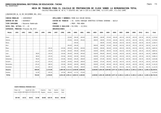 DIRECCION REGIONAL SECTORIAL DE EDUCACION - TACNA                                                                                                                                                                  Página:      174
Ruc :20325722941
                                          HOJA DE TRABAJO PARA EL CALCULO DE PREPARACION DE CLASE SOBRE LA REMUNERACION TOTAL
                                                          CALCULO REALIZADO AL 30 %; Y AJUSTES DEL 16% A LOS D.U.090-1996, D.U.073-1997, D.U.011-1999

LIQUIDACION AL 31 DE DICIEMBRE DEL 2011

CODIGO MODULAR          : 1000499837                                          APELLIDOS Y NOMBRES: PUMA ALE OSCAR RAFAEL
NUMERO DE DNI           : 00499837                                            CENTRO DE TRABAJO        : IE. 42091 ENRIQUE DEMETRIO ESTRADA SERRANO - QUILA
TIPO SERVIDOR           : Docente Nombrado                                    CARGO                    : PROF. POR HORA
NIVEL MAG. ACTUAL: II - 24                                                    PERIODO A ANALIZAR : 02/1991 - 12/2011
EXPEDIEN. PROCESO: Proceso N§ 4737                                            OBSERVACIONES            :

   Meses     1991       1992       1993         1994     1995       1996       1997       1998      1999     2000     2001     2002    2003      2004     2005     2006     2007     2008     2009     2010      2011        Total



Enero                                                                                               233.06   294.00   294.00            308.99   338.99   373.49   403.49   425.76   425.76   425.76   425.76     425.76     4,374.82

Febrero                                                                                             233.06   294.00   294.00            308.99   338.99   373.49   403.49   425.76   425.76   425.76   425.76     425.76     4,374.82

Marzo                                                                                                        294.00                              338.99   373.49   403.49   425.76   425.76   425.76   425.76     425.76     3,538.77

Abril                                                                                               294.00   294.00                     308.99   338.99   373.49   403.49   425.76   425.76   425.76   425.76     425.76     4,141.76

Mayo                                                                 135.24                233.06   294.00   294.00   294.00            338.99   359.99   394.49   415.04   425.76   425.76   425.76   425.76     425.76     4,887.61

Junio                                                                135.24                233.06   294.00   294.00   294.00            338.99   359.99   394.49   415.04   425.76   425.76   425.76   425.76     425.76     4,887.61

Julio                                            98.04               135.24                233.06   294.00   294.00   294.00            338.99   359.99   394.49   415.04   425.76   425.76   425.76   425.76     425.76     4,985.65

Agosto                                           98.04               135.24                233.06   294.00   294.00   294.00            338.99   373.49   403.49   415.04   425.76   425.76   425.76   425.76     425.76     5,008.15

Setiembre                                        98.04               135.24                233.06   294.00   294.00   308.99            338.99   373.49   403.49   425.76   425.76   425.76   425.76   425.76     425.76     5,033.86

Octubre                                         135.24               135.24                233.06   294.00   294.00   308.99            338.99   373.49   403.49   425.76   425.76   425.76   425.76   425.76     425.76     5,071.06

Noviembre                                       135.24               180.53                233.06   294.00   294.00   308.99            338.99   373.49   403.49   425.76   425.76   425.76   425.76   425.76     425.76     5,116.35

Diciembre                                       135.24               180.53                233.06   294.00   294.00   308.99            338.99   373.49   403.49   425.76   425.76   425.76   425.76   425.76     425.76     5,116.35

Usuario                                         699.84             1,172.50              1,864.48 3,112.12 3,528.00 2,999.96          3,638.89 4,303.38 4,694.88 4,977.16 5,109.12 5,109.12 5,109.12 5,109.12   5,109.12 56,536.81

Essalud                                          62.99               105.53                167.80   280.09   317.52   270.00                                                                                                 4,179.62

TOTAL                                           762.83             1,278.03              2,032.28 3,392.21 3,845.52 3,269.96          3,638.89 4,303.38 4,694.88 4,977.16 5,109.12 5,109.12 5,109.12 5,109.12   5,109.12 60,716.43




            COSTO MENSUAL PERIODO 2012

            Prepa. de          Ajuste del 16%            Importe     Total     Aporte      Costo
            Clase 30% DU.090-96 DU.073-97 DU.011-99      Pagado     Usuario    Essalud     Total



             367.85      24.51      28.43        32.98    28.00     425.76      38.32     464.08
 
