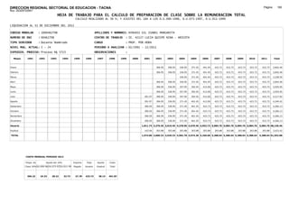 DIRECCION REGIONAL SECTORIAL DE EDUCACION - TACNA                                                                                                                                                            Página:      180
Ruc :20325722941
                                          HOJA DE TRABAJO PARA EL CALCULO DE PREPARACION DE CLASE SOBRE LA REMUNERACION TOTAL
                                                         CALCULO REALIZADO AL 30 %; Y AJUSTES DEL 16% A LOS D.U.090-1996, D.U.073-1997, D.U.011-1999

LIQUIDACION AL 31 DE DICIEMBRE DEL 2011

CODIGO MODULAR          : 1000462798                                        APELLIDOS Y NOMBRES: AYHUASI GIL ISABEL MARGARITA
NUMERO DE DNI           : 00462798                                          CENTRO DE TRABAJO      : IE. 42127 LUCIA QUISPE NINA - ARICOTA
TIPO SERVIDOR           : Docente Nombrado                                  CARGO                  : PROF. POR HORA
NIVEL MAG. ACTUAL: I - 24                                                   PERIODO A ANALIZAR : 02/1991 - 12/2011
EXPEDIEN. PROCESO: Proceso N§ 5723                                          OBSERVACIONES          :

   Meses     1991       1992       1993         1994    1995      1996       1997      1998     1999   2000    2001      2002     2003     2004     2005     2006     2007     2008     2009     2010      2011        Total



Enero                                                                                                                    306.95   306.95   336.95   371.45   401.45   423.73   423.73   423.73   423.73     423.73     3,842.40

Febrero                                                                                                                  306.95   306.95   336.95   371.45   401.45   423.73   423.73   423.73   423.73     423.73     3,842.40

Marzo                                                                                                                                      336.95   371.45   401.45   423.73   423.73   423.73   423.73     423.73     3,228.50

Abril                                                                                                                    306.95   306.95   336.95   371.45   401.45   423.73   423.73   423.73   423.73     423.73     3,842.40

Mayo                                                                                                                     306.95   336.95   357.95   392.45   413.00   423.73   423.73   423.73   423.73     423.73     3,925.95

Junio                                                                                                                    306.95   336.95   357.95   392.45   413.00   423.73   423.73   423.73   423.73     423.73     3,925.95

Julio                                                                                                           291.97   306.95   336.95   357.95   392.45   413.00   423.73   423.73   423.73   423.73     423.73     4,217.92

Agosto                                                                                                          291.97   306.95   336.95   371.45   401.45   413.00   423.73   423.73   423.73   423.73     423.73     4,240.42

Setiembre                                                                                                       306.95   306.95   336.95   371.45   401.45   423.73   423.73   423.73   423.73   423.73     423.73     4,266.13

Octubre                                                                                                         306.95   306.95   336.95   371.45   401.45   423.73   423.73   423.73   423.73   423.73     423.73     4,266.13

Noviembre                                                                                                       306.95   306.95   336.95   371.45   401.45   423.73   423.73   423.73   423.73   423.73     423.73     4,266.13

Diciembre                                                                                                       306.95   306.95   336.95   371.45   401.45   423.73   423.73   423.73   423.73   423.73     423.73     4,266.13

Usuario                                                                                                       1,811.74 3,376.45 3,616.45 4,278.90 4,670.40 4,952.72 5,084.76 5,084.76 5,084.76 5,084.76   5,084.76 48,130.46

Essalud                                                                                                         163.06   303.88   303.88   303.88   303.88   303.88   303.88   303.88   303.88   303.88     303.88     3,423.42

TOTAL                                                                                                         1,974.80 3,680.33 3,920.33 4,582.78 4,974.28 5,256.60 5,388.64 5,388.64 5,388.64 5,388.64   5,388.64 51,553.88




            COSTO MENSUAL PERIODO 2012

            Prepa. de          Ajuste del 16%           Importe    Total     Aporte    Costo
            Clase 30% DU.090-96 DU.073-97 DU.011-99     Pagado    Usuario    Essalud   Total



             366.23      24.33      28.22       32.73    27.78    423.73      38.14    461.87
 