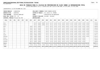 DIRECCION REGIONAL SECTORIAL DE EDUCACION - TACNA                                                                                                                                            Página:      190
Ruc :20325722941
                                 HOJA DE TRABAJO PARA EL CALCULO DE PREPARACION DE CLASE SOBRE LA REMUNERACION TOTAL
                                           CALCULO REALIZADO AL 30 %; Y AJUSTES DEL 16% A LOS D.U.090-1996, D.U.073-1997, D.U.011-1999

LIQUIDACION AL 31 DE DICIEMBRE DEL 2011

CODIGO MODULAR     : 1000497562                             APELLIDOS Y NOMBRES: YUFRA TENORIO HECTOR
NUMERO DE DNI      : 00497562                               CENTRO DE TRABAJO      : IE. 42214 T.A. TOTORA
TIPO SERVIDOR      : Docente Nombrado                       CARGO                  : ESPECIALISTA EN EDUCACION
NIVEL MAG. ACTUAL: III - 24                                 PERIODO A ANALIZAR : 02/1991 - 09/2010
EXPEDIEN. PROCESO: Proceso N§ 5760                          OBSERVACIONES          :

   Meses    1991   1992   1993     1994   1995    1996       1997      1998     1999     2000     2001     2002     2003     2004     2005     2006     2007     2008     2009     2010     2011       Total



Enero                                                         185.15   238.88   238.88   301.21   301.21   316.19   316.19   348.73   383.23   413.23   435.50   435.50   435.50   435.50              4,784.90

Febrero                                                       185.15   238.88   238.88   301.21   301.21   316.19   316.19   348.73   383.23   413.23   435.50   435.50   435.50   435.50              4,784.90

Marzo                                              138.83     185.15   238.88            301.21   301.21   316.19   316.19   348.73   383.23   413.23   435.50   435.50   435.50   435.50              4,684.85

Abril                                              138.83     185.15   238.88            301.21   301.21   316.19   316.19   348.73   383.23   413.23   435.50   435.50   435.50   435.50              4,684.85

Mayo                                               138.83     185.15   238.88            301.21   301.21   316.19   348.73   369.73   404.23   424.78   435.50   435.50   435.50   435.50              4,770.94

Junio                                              138.83     185.15   238.88            301.21   301.21   316.19   348.73   369.73   404.23   424.78   435.50   435.50   435.50   435.50              4,770.94

Julio                                              138.83     185.15   238.88            301.21   301.21   316.19   348.73   369.73   404.23   424.78   435.50   435.50   435.50   435.50              4,770.94

Agosto                                             138.83     238.88   238.88            301.21   301.21   316.19   348.73   383.23   413.23   424.78   435.50   435.50   435.50   435.50              4,847.17

Setiembre                                          138.83     238.88   238.88            301.21   316.19   316.19   348.73   383.23   413.23   435.50   435.50   435.50   435.50   435.50              4,872.87

Octubre                                            138.83     238.88   238.88            301.21   316.19   316.19   348.73   383.23   413.23   435.50   435.50   435.50   435.50                       4,437.37

Noviembre                                          185.15     238.88   238.88            301.21   316.19   316.19   348.73   383.23   413.23   435.50   435.50   435.50   435.50                       4,483.69

Diciembre                                          185.15     238.88   238.88            301.21   316.19   316.19   348.73   383.23   413.23   435.50   435.50   435.50   435.50                       4,483.69

Usuario                                          1,480.94 2,490.45 2,866.56     477.76 3,614.52 3,674.44 3,794.28 4,054.60 4,420.26 4,811.76 5,094.04 5,226.00 5,226.00 5,226.00 3,919.50          56,377.11

Essalud                                            133.28     224.14   257.99    43.00   325.31   330.70   341.49   341.49   341.49   341.49   341.49   341.49   341.49   341.49   341.49              4,323.17

TOTAL                                            1,614.22 2,714.59 3,124.55     520.76 3,939.83 4,005.14 4,135.77 4,396.09 4,761.75 5,153.25 5,435.53 5,567.49 5,567.49 5,567.49 4,260.99          60,700.28
 