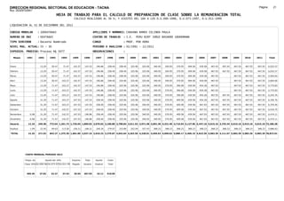DIRECCION REGIONAL SECTORIAL DE EDUCACION - TACNA                                                                                                                                                                Página:       21
Ruc :20325722941
                                          HOJA DE TRABAJO PARA EL CALCULO DE PREPARACION DE CLASE SOBRE LA REMUNERACION TOTAL
                                                          CALCULO REALIZADO AL 30 %; Y AJUSTES DEL 16% A LOS D.U.090-1996, D.U.073-1997, D.U.011-1999

LIQUIDACION AL 31 DE DICIEMBRE DEL 2011

CODIGO MODULAR          : 1000476665                                         APELLIDOS Y NOMBRES: CAHUANA RAMOS CELINDA PAULA
NUMERO DE DNI           : 00476665                                           CENTRO DE TRABAJO      : I.E.       PERU BIRF JORGE BASADRE GROHOMANN
TIPO SERVIDOR           : Docente Nombrado                                   CARGO                  : PROF. POR HORA
NIVEL MAG. ACTUAL: IV - 30                                                   PERIODO A ANALIZAR : 02/1991 - 12/2011
EXPEDIEN. PROCESO: Proceso N§ 5077                                           OBSERVACIONES          :

   Meses     1991       1992       1993         1994     1995      1996       1997      1998     1999     2000      2001     2002     2003     2004     2005     2006     2007     2008     2009     2010      2011        Total



Enero                    13.29      50.47        71.47    142.57    147.53     196.86   258.40   258.40   325.96    325.96   340.95   340.95   370.95   409.58   439.58   467.93   467.93   467.93   467.93     467.93     6,032.57

Febrero                  13.29      50.47        71.47    142.57    147.53     196.86   258.40   258.40   325.96    325.96   340.95   340.95   370.95   409.58   439.58   467.93   467.93   467.93   467.93     467.93     6,032.57

Marzo                    13.29      50.47        71.47    142.57    147.53     196.86   258.40   258.40   325.96    325.96   340.95   340.95   370.95   409.58   439.58   467.93            467.93   467.93     467.93     5,564.64

Abril                    13.29      50.47       103.27    142.57    147.53     196.86   258.40   325.96   325.96    325.96   340.95   340.95   370.95   409.58   439.58   467.93            467.93   467.93     467.93     5,664.00

Mayo                     13.29      71.47       103.27    142.57    147.53     196.86   258.40   325.96   325.96    325.96   340.95   370.95   396.08   430.58   454.28   467.93            467.93   467.93     467.93     5,775.83

Junio                    13.29      71.47       103.27    142.57    147.53     196.86   258.40   325.96   325.96    325.96   340.95   370.95   396.08   430.58   454.28   467.93            467.93   467.93     467.93     5,775.83

Julio                    13.29      71.47       103.27    142.57    147.53     196.86   258.40   325.96   325.96    325.96   340.95   370.95   396.08   430.58   454.28   467.93   467.93   467.93   467.93     467.93     6,243.76

Agosto                   31.29      71.47       103.27    147.53    147.53     258.40   258.40   325.96   325.96    325.96   340.95   370.95   409.58   439.58   454.28   467.93   467.93   467.93   467.93     467.93     6,350.76

Setiembre                31.29      71.47       103.27    147.53    147.53     258.40   258.40   325.96   325.96    340.95   340.95   370.95   409.58   439.58   467.93   467.93   467.93   467.93   467.93     467.93     6,379.40

Octubre                  31.29      71.47       142.57    147.53    147.53     258.40   258.40   325.96   325.96    340.95   340.95   370.95   409.58   439.58   467.93   467.93   467.93   467.93   467.93     467.93     6,418.70

Noviembre       6.08     31.29      71.47       142.57    147.53   196.86      258.40   258.40   325.96   325.96    340.95   340.95   370.95   409.58   439.58   467.93   467.93   467.93   467.93   467.93     467.93     6,474.11

Diciembre       6.08     31.29      71.47       142.57    147.53   196.86      258.40   258.40   325.96   325.96    340.95   340.95   370.95   409.58   439.58   467.93   467.93   467.93   467.93   467.93     467.93     6,474.11

Usuario        12.16    249.48    773.64 1,261.74 1,735.64 1,869.02 2,670.02 3,100.80 3,708.84 3,911.52 3,971.48 4,091.40 4,331.40 4,719.94 5,127.96 5,447.16 5,615.16 3,743.44 5,615.16 5,615.16             5,615.16 73,186.28

Essalud         1.09     22.45      69.63       113.56    156.21   168.21      240.30   279.07   333.80   352.04    357.43   368.23   368.23   368.23   368.23   368.23   368.23   368.23   368.23   368.23     368.23     5,686.63

TOTAL          13.25    271.93    843.27 1,375.30 1,891.85 2,037.23 2,910.32 3,379.87 4,042.64 4,263.56 4,328.91 4,459.63 4,699.63 5,088.17 5,496.19 5,815.39 5,983.39 4,111.67 5,983.39 5,983.39             5,983.39 78,872.91




            COSTO MENSUAL PERIODO 2012

            Prepa. de          Ajuste del 16%            Importe    Total     Aporte    Costo
            Clase 30% DU.090-96 DU.073-97 DU.011-99      Pagado    Usuario    Essalud   Total



             405.46      27.82      32.27       37.43     35.04    467.93      42.11    510.05
 