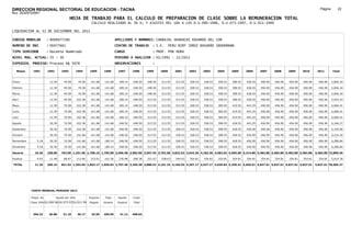 DIRECCION REGIONAL SECTORIAL DE EDUCACION - TACNA                                                                                                                                                                Página:       22
Ruc :20325722941
                                          HOJA DE TRABAJO PARA EL CALCULO DE PREPARACION DE CLASE SOBRE LA REMUNERACION TOTAL
                                                          CALCULO REALIZADO AL 30 %; Y AJUSTES DEL 16% A LOS D.U.090-1996, D.U.073-1997, D.U.011-1999

LIQUIDACION AL 31 DE DICIEMBRE DEL 2011

CODIGO MODULAR          : 8000077280                                         APELLIDOS Y NOMBRES: CARBAJAL HUARACHI EDUARDO DEL COR
NUMERO DE DNI           : 00477661                                           CENTRO DE TRABAJO      : I.E.       PERU BIRF JORGE BASADRE GROHOMANN
TIPO SERVIDOR           : Docente Nombrado                                   CARGO                  : PROF. POR HORA
NIVEL MAG. ACTUAL: IV - 30                                                   PERIODO A ANALIZAR : 02/1991 - 12/2011
EXPEDIEN. PROCESO: Proceso N§ 5078                                           OBSERVACIONES          :

   Meses     1991       1992       1993         1994     1995      1996       1997      1998     1999     2000      2001     2002     2003     2004     2005     2006     2007     2008     2009     2010      2011        Total



Enero                    12.39      49.58        70.58    141.68    141.68     189.14   248.50   248.50   313.55    313.55   328.53   328.53   358.53   398.55   428.55   456.90   456.90   456.90   456.90     456.90     5,856.34

Febrero                  12.39      49.58        70.58    141.68    141.68     189.14   248.50   248.50   313.55    313.55   328.53   328.53   358.53   398.55   428.55   456.90   456.90   456.90   456.90     456.90     5,856.34

Marzo                    12.39      49.58        70.58    141.68    141.68     189.14   248.50   248.50   313.55    313.55   328.53   328.53   358.53   398.55   428.55   456.90   456.90   456.90   456.90     456.90     5,856.34

Abril                    12.39      49.58       102.38    141.68    141.68     189.14   248.50   313.55   313.55    313.55   328.53   328.53   358.53   398.55   428.55   456.90   456.90   456.90   456.90     456.90     5,953.19

Mayo                     12.39      70.58       102.38    141.68    141.68     189.14   248.50   313.55   313.55    313.55   328.53   358.53   385.05   419.55   443.25   456.90   456.90   456.90   456.90     456.90     6,066.41

Junio                    12.39      70.58       102.38    141.68    141.68     189.14   248.50   313.55   313.55    313.55   328.53   358.53   385.05   419.55   443.25   456.90   456.90   456.90   456.90     456.90     6,066.41

Julio                    12.39      70.58       102.38    141.68    141.68     189.14   248.50   313.55   313.55    313.55   328.53   358.53   385.05   419.55   443.25   456.90   456.90   456.90   456.90     456.90     6,066.41

Agosto                   30.39      70.58       102.38    141.68    141.68     248.50   248.50   313.55   313.55    313.55   328.53   358.53   398.55   428.55   443.25   456.90   456.90   456.90   456.90     456.90     6,166.27

Setiembre                30.39      70.58       102.38    141.68    141.68     248.50   248.50   313.55   313.55    328.53   328.53   358.53   398.55   428.55   456.90   456.90   456.90   456.90   456.90     456.90     6,194.90

Octubre                  30.39      70.58       141.68    141.68    141.68     248.50   248.50   313.55   313.55    328.53   328.53   358.53   398.55   428.55   456.90   456.90   456.90   456.90   456.90     456.90     6,234.20

Noviembre       5.18     30.39      70.58       141.68    141.68   189.14      248.50   248.50   313.55   313.55    328.53   328.53   358.53   398.55   428.55   456.90   456.90   456.90   456.90   456.90     456.90     6,286.84

Diciembre       5.18     30.39      70.58       141.68    141.68   189.14      248.50   248.50   313.55   313.55    328.53   328.53   358.53   398.55   428.55   456.90   456.90   456.90   456.90   456.90     456.90     6,286.84

Usuario        10.36    238.68    762.96 1,251.06 1,700.16 1,795.08 2,566.48 2,982.00 3,567.45 3,762.60 3,822.52 3,942.36 4,182.36 4,582.02 4,995.60 5,314.80 5,482.80 5,482.80 5,482.80 5,482.80             5,482.80 72,890.49

Essalud         0.93     21.48      68.67       112.60    153.01   161.56      230.98   268.38   321.07   338.63    344.03   354.81   354.81   354.81   354.81   354.81   354.81   354.81   354.81   354.81     354.81     5,614.78

TOTAL          11.29    260.16    831.63 1,363.66 1,853.17 1,956.64 2,797.46 3,250.38 3,888.52 4,101.23 4,166.55 4,297.17 4,537.17 4,936.83 5,350.41 5,669.61 5,837.61 5,837.61 5,837.61 5,837.61             5,837.61 78,505.27




            COSTO MENSUAL PERIODO 2012

            Prepa. de          Ajuste del 16%            Importe    Total     Aporte    Costo
            Clase 30% DU.090-96 DU.073-97 DU.011-99      Pagado    Usuario    Essalud   Total



             396.33      26.88      31.18       36.17     33.65    456.90      41.12    498.03
 