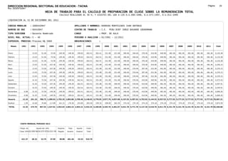 DIRECCION REGIONAL SECTORIAL DE EDUCACION - TACNA                                                                                                                                                                Página:       24
Ruc :20325722941
                                          HOJA DE TRABAJO PARA EL CALCULO DE PREPARACION DE CLASE SOBRE LA REMUNERACION TOTAL
                                                          CALCULO REALIZADO AL 30 %; Y AJUSTES DEL 16% A LOS D.U.090-1996, D.U.073-1997, D.U.011-1999

LIQUIDACION AL 31 DE DICIEMBRE DEL 2011

CODIGO MODULAR          : 1000410947                                         APELLIDOS Y NOMBRES: HERRERA MONTESINOS JUAN ANTONIO
NUMERO DE DNI           : 00410947                                           CENTRO DE TRABAJO      : I.E.       PERU BIRF JORGE BASADRE GROHOMANN
TIPO SERVIDOR           : Docente Nombrado                                   CARGO                  : PROF. DE AULA
NIVEL MAG. ACTUAL: V - 40                                                    PERIODO A ANALIZAR : 02/1991 - 12/2011
EXPEDIEN. PROCESO: Proceso N§ 5069                                           OBSERVACIONES          :

   Meses     1991       1992       1993         1994     1995      1996       1997      1998     1999     2000      2001     2002     2003     2004     2005     2006     2007     2008     2009     2010      2011        Total



Enero                    13.43      51.56        72.56    149.36    149.36     199.63   262.41   262.41   331.48    331.48   346.46   346.46   376.46   410.96   440.96   481.46   481.46   481.46   481.46     481.46     6,152.28

Febrero                  13.43      51.56        72.56    149.36    149.36     199.63   262.41   262.41   331.48    331.48   346.46   346.46   376.46   410.96   440.96   481.46   481.46   481.46   481.46     481.46     6,152.28

Marzo                    13.43      51.56        72.56    149.36    149.36     199.63   262.41   262.41   331.48    331.48   346.46   346.46   376.46   410.96   440.96   481.46   481.46   481.46   481.46     481.46     6,152.28

Abril                    13.43      51.56       107.36    149.36    149.36     199.63   262.41   331.48   331.48    331.48   346.46   346.46   376.46   410.96   440.96   481.46   481.46   481.46   481.46     481.46     6,256.15

Mayo                     13.43      72.56       107.36    149.36    149.36     199.63   262.41   331.48   331.48    331.48   346.46   376.46   397.46   431.96   461.96   481.46   481.46   481.46   481.46     481.46     6,370.15

Junio                    13.43      72.56       107.36    149.36    149.36     199.63   262.41   331.48   331.48    331.48   346.46   376.46   397.46   431.96   461.96   481.46   481.46   481.46   481.46     481.46     6,370.15

Julio                    13.43      72.56       107.36    149.36    149.36     199.63   262.41   331.48   331.48    331.48   346.46   376.46   397.46   431.96   461.96   481.46   481.46   481.46   481.46     481.46     6,370.15

Agosto                   31.43      72.56       107.36    149.36    149.36     262.41   262.41   331.48   331.48    331.48   346.46   376.46   410.96   440.96   461.96   481.46   481.46   481.46   481.46     481.46     6,473.43

Setiembre                31.43      72.56       107.36    149.36    149.36     262.41   262.41   331.48   331.48    346.46   346.46   376.46   410.96   440.96   481.46   481.46   481.46   481.46   481.46     481.46     6,507.91

Octubre                  31.43      72.56       149.36    149.36    149.36     262.41   262.41   331.48   331.48    346.46   346.46   376.46   410.96   440.96   481.46   481.46   481.46   481.46   481.46     481.46     6,549.91

Noviembre       6.08     31.43      72.56       149.36    149.36   199.63      262.41   262.41   331.48   331.48    346.46   346.46   376.46   410.96   440.96   481.46   481.46   481.46   481.46   481.46     481.46     6,606.26

Diciembre       6.08     31.43      72.56       149.36    149.36   199.63      262.41   262.41   331.48   331.48    346.46   346.46   376.46   410.96   440.96   481.46   481.46   481.46   481.46   481.46     481.46     6,606.26

Usuario        12.16    251.16    786.72 1,309.92 1,792.32 1,892.86 2,709.46 3,148.92 3,770.55 3,977.76 4,037.68 4,157.52 4,397.52 4,753.02 5,144.52 5,537.52 5,777.52 5,777.52 5,777.52 5,777.52             5,777.52 76,567.21

Essalud         1.09     22.60      70.80       117.89    161.31   170.36      243.85   283.40   339.35   358.00    363.39   374.18   374.18   374.18   374.18   374.18   374.18   374.18   374.18   374.18     374.18     5,873.59

TOTAL          13.25    273.76    857.52 1,427.81 1,953.63 2,063.22 2,953.31 3,432.32 4,109.90 4,335.76 4,401.07 4,531.70 4,771.70 5,127.20 5,518.70 5,911.70 6,151.70 6,151.70 6,151.70 6,151.70             6,151.70 82,440.80




            COSTO MENSUAL PERIODO 2012

            Prepa. de          Ajuste del 16%            Importe    Total     Aporte    Costo
            Clase 30% DU.090-96 DU.073-97 DU.011-99      Pagado    Usuario    Essalud   Total



             421.37      28.23      32.75       37.99     38.88    481.46      43.33    524.79
 