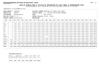 DIRECCION REGIONAL SECTORIAL DE EDUCACION - TACNA                                                                                                                                                                Página:       25
Ruc :20325722941
                                          HOJA DE TRABAJO PARA EL CALCULO DE PREPARACION DE CLASE SOBRE LA REMUNERACION TOTAL
                                                          CALCULO REALIZADO AL 30 %; Y AJUSTES DEL 16% A LOS D.U.090-1996, D.U.073-1997, D.U.011-1999

LIQUIDACION AL 31 DE DICIEMBRE DEL 2011

CODIGO MODULAR          : 1000469282                                         APELLIDOS Y NOMBRES: MONTESINOS DE SALAMANCA JUANA LOURDES
NUMERO DE DNI           : 00469282                                           CENTRO DE TRABAJO      : I.E.       PERU BIRF JORGE BASADRE GROHOMANN
TIPO SERVIDOR           : Docente Nombrado                                   CARGO                  : PROF. DE AULA
NIVEL MAG. ACTUAL: IV - 30                                                   PERIODO A ANALIZAR : 02/1991 - 12/2011
EXPEDIEN. PROCESO: Proceso N§ 5071                                           OBSERVACIONES          :

   Meses     1991       1992       1993         1994     1995      1996       1997      1998     1999     2000      2001     2002     2003     2004     2005     2006     2007     2008     2009     2010      2011        Total



Enero                    13.29      50.47        71.47    142.57    142.57     190.32   250.02   250.02   315.46    315.46   330.44   330.44   360.44   400.48   430.48   458.83   458.83   458.83   458.83     458.83     5,888.08

Febrero                  13.29      50.47        71.47    142.57    142.57     190.32   250.02   250.02   315.46    315.46   330.44   330.44   360.44   400.48   430.48   458.83   458.83   458.83   458.83     458.83     5,888.08

Marzo                    13.29      50.47        71.47    142.57    142.57     190.32   250.02   250.02   315.46    315.46   330.44   330.44   360.44   400.48   430.48   458.83   458.83   458.83   458.83     458.83     5,888.08

Abril                    13.29      50.47       103.27    142.57    142.57     190.32   250.02   315.46   315.46    315.46   330.44   330.44   360.44   400.48   430.48   458.83   458.83   458.83   458.83     458.83     5,985.32

Mayo                     13.29      71.47       103.27    142.57    142.57     190.32   250.02   315.46   315.46    315.46   330.44   360.44   386.98   421.48   445.18   458.83   458.83   458.83   458.83     458.83     6,098.56

Junio                    13.29      71.47       103.27    142.57    142.57     190.32   250.02   315.46   315.46    315.46   330.44   360.44   386.98   421.48   445.18   458.83   458.83   458.83   458.83     458.83     6,098.56

Julio                    13.29      71.47       103.27    142.57    142.57     190.32   250.02   315.46   315.46    315.46   330.44   360.44   386.98   421.48   445.18   458.83   458.83   458.83   458.83     458.83     6,098.56

Agosto                   31.29      71.47       103.27    142.57    142.57     250.02   250.02   315.46   315.46    315.46   330.44   360.44   400.48   430.48   445.18   458.83   458.83   458.83   458.83     458.83     6,198.76

Setiembre                31.29      71.47       103.27    142.57    142.57     250.02   250.02   315.46             330.44   330.44   360.44   400.48   430.48   458.83   458.83   458.83   458.83   458.83     458.83     5,911.93

Octubre                  31.29      71.47       142.57    142.57    142.57     250.02   250.02   315.46   315.46    330.44   330.44   360.44   400.48   430.48   458.83   458.83   458.83   458.83   458.83     458.83     6,266.69

Noviembre       6.08     31.29      71.47       142.57    142.57   190.32      250.02   250.02   315.46   315.46    330.44   330.44   360.44   400.48   430.48   458.83   458.83   458.83   458.83   458.83     458.83     6,320.52

Diciembre       6.08     31.29      71.47       142.57    142.57   190.32      250.02   250.02   315.46   315.46    330.44   330.44   360.44   400.48   430.48   458.83   458.83   458.83   458.83   458.83     458.83     6,320.52

Usuario        12.16    249.48    773.64 1,261.74 1,710.84 1,806.34 2,582.34 3,000.24 3,589.20 3,470.06 3,845.44 3,965.28 4,205.28 4,605.10 5,018.76 5,337.96 5,505.96 5,505.96 5,505.96 5,505.96             5,505.96 72,963.66

Essalud         1.09     22.45      69.63       113.56    153.98   162.57      232.41   270.02   323.03   312.31    346.09   356.88   356.88   356.88   356.88   356.88   356.88   356.88   356.88   356.88     356.88     5,621.83

TOTAL          13.25    271.93    843.27 1,375.30 1,864.82 1,968.91 2,814.75 3,270.26 3,912.23 3,782.37 4,191.53 4,322.16 4,562.16 4,961.98 5,375.64 5,694.84 5,862.84 5,862.84 5,862.84 5,862.84             5,862.84 78,585.49




            COSTO MENSUAL PERIODO 2012

            Prepa. de          Ajuste del 16%            Importe    Total     Aporte    Costo
            Clase 30% DU.090-96 DU.073-97 DU.011-99      Pagado    Usuario    Essalud   Total



             397.73      27.02      31.35       36.36     33.64    458.83      41.29    500.12
 