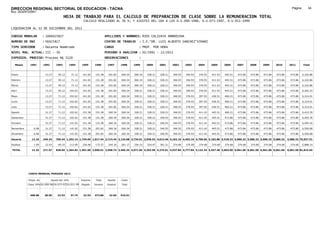 DIRECCION REGIONAL SECTORIAL DE EDUCACION - TACNA                                                                                                                                                               Página:       34
Ruc :20325722941
                                          HOJA DE TRABAJO PARA EL CALCULO DE PREPARACION DE CLASE SOBRE LA REMUNERACION TOTAL
                                                          CALCULO REALIZADO AL 30 %; Y AJUSTES DEL 16% A LOS D.U.090-1996, D.U.073-1997, D.U.011-1999

LIQUIDACION AL 31 DE DICIEMBRE DEL 2011

CODIGO MODULAR          : 1000425827                                         APELLIDOS Y NOMBRES: RIOS CALIZAYA AMBROSINA
NUMERO DE DNI           : 00425827                                           CENTRO DE TRABAJO      : I.E."DR. LUIS ALBERTO SANCHEZ"VINANI
TIPO SERVIDOR           : Docente Nombrado                                   CARGO                  : PROF. POR HORA
NIVEL MAG. ACTUAL: III - 30                                                  PERIODO A ANALIZAR : 02/1991 - 12/2011
EXPEDIEN. PROCESO: Proceso N§ 5120                                           OBSERVACIONES          :

   Meses     1991       1992       1993         1994     1995      1996       1997      1998     1999     2000     2001     2002     2003     2004     2005     2006     2007     2008     2009     2010      2011        Total



Enero                    13.27      50.12        71.12    141.02    151.38     201.82   260.34   260.34   328.21   328.21   346.93   346.93   376.93   411.43   445.51   473.86   473.86   473.86   473.86     473.86     6,102.86

Febrero                  13.27      50.12        71.12    141.02    151.38     201.82   260.34   260.34   328.21   328.21   346.93   346.93   376.93   411.43   445.51   473.86   473.86   473.86   473.86     473.86     6,102.86

Marzo                    13.27      50.12        71.12    141.02    151.38     201.82   260.34   260.34   328.21   328.21   346.93   346.93   376.93   411.43   445.51   473.86   473.86   473.86   473.86     473.86     6,102.86

Abril                    13.27      50.12       102.62    141.02    151.38     201.82   260.34   328.21   328.21   328.21   346.93   346.93   376.93   411.43   445.51   473.86   473.86   473.86   473.86     473.86     6,202.23

Mayo                     13.27      71.12       102.62    141.02    151.38     201.82   260.34   328.21   328.21   328.21   346.93   376.93   397.93   436.51   460.21   473.86   473.86   473.86   473.86     473.86     6,314.01

Junio                    13.27      71.12       102.62    141.02    151.38     201.82   260.34   328.21   328.21   328.21   346.93   376.93   397.93   436.51   460.21   473.86   473.86   473.86   473.86     473.86     6,314.01

Julio                    13.27      71.12       102.62    141.02    151.38     201.82   260.34   328.21   328.21   328.21   346.93   376.93   397.93   436.51   460.21   473.86   473.86   473.86   473.86     473.86     6,314.01

Agosto                   31.27      71.12       102.62    151.38    151.38     260.34   260.34   328.21   328.21   328.21   346.93   376.93   411.43   445.51   460.21   473.86   473.86   473.86   473.86     473.86     6,423.39

Setiembre                31.27      71.12       102.62    151.38    151.38     260.34   260.34   328.21   328.21   346.93   346.93   376.93   411.43   445.51   473.86   473.86   473.86   473.86   473.86     473.86     6,455.76

Octubre                  31.27      71.12       141.02    151.38    151.38     260.34   260.34   328.21   328.21   346.93   346.93   376.93   411.43   445.51   473.86   473.86   473.86   473.86   473.86     473.86     6,494.16

Noviembre       6.08     31.27      71.12       141.02    151.38   201.82      260.34   260.34   328.21   328.21   346.93   346.93   376.93   411.43   445.51   473.86   473.86   473.86   473.86   473.86     473.86     6,550.68

Diciembre       6.08     31.27      71.12       141.02    151.38   201.82      260.34   260.34   328.21   328.21   346.93   346.93   376.93   411.43   445.51   473.86   473.86   473.86   473.86   473.86     473.86     6,550.68

Usuario        12.16    249.24    769.44 1,252.14 1,744.04 1,917.44 2,714.44 3,124.08 3,734.91 3,938.52 4,013.40 4,163.16 4,403.16 4,758.66 5,182.80 5,518.32 5,686.32 5,686.32 5,686.32 5,686.32            5,686.32 75,927.51

Essalud         1.09     22.43      69.25       112.69    156.96   172.57      244.30   281.17   336.14   354.47   361.21   374.68   374.68   374.68   374.68   374.68   374.68   374.68   374.68   374.68     374.68     5,888.14

TOTAL          13.25    271.67    838.69 1,364.83 1,901.00 2,090.01 2,958.74 3,405.25 4,071.05 4,292.99 4,374.61 4,537.84 4,777.84 5,133.34 5,557.48 5,893.00 6,061.00 6,061.00 6,061.00 6,061.00            6,061.00 81,815.65




            COSTO MENSUAL PERIODO 2012

            Prepa. de          Ajuste del 16%            Importe    Total     Aporte    Costo
            Clase 30% DU.090-96 DU.073-97 DU.011-99      Pagado    Usuario    Essalud   Total



             408.08      28.05      32.53       37.74     32.53    473.86      42.65    516.51
 