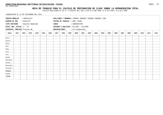 DIRECCION REGIONAL SECTORIAL DE EDUCACION - TACNA                                                                                                              Página:      45
Ruc :20325722941
                                 HOJA DE TRABAJO PARA EL CALCULO DE PREPARACION DE CLASE SOBRE LA REMUNERACION TOTAL
                                           CALCULO REALIZADO AL 30 %; Y AJUSTES DEL 16% A LOS D.U.090-1996, D.U.073-1997, D.U.011-1999

LIQUIDACION AL 31 DE DICIEMBRE DEL 2011

CODIGO MODULAR     : 1000431572                         APELLIDOS Y NOMBRES: JIMENEZ PAREDES JIMENEZ PAREDES JIME
NUMERO DE DNI      : 00431572                           CENTRO DE TRABAJO   : DRET TACNA
TIPO SERVIDOR      : Docente Nombrado                   CARGO               : SUBDIRECTOR
NIVEL MAG. ACTUAL: I - 24                               PERIODO A ANALIZAR : 02/1991 - 02/2008
EXPEDIEN. PROCESO: Proceso N§                           OBSERVACIONES       : Sin Expediente

   Meses    1991   1992   1993     1994   1995   1996    1997   1998    1999    2000   2001    2002   2003   2004   2005   2006   2007   2008   2009   2010   2011       Total



Enero

Febrero

Marzo

Abril

Mayo

Junio

Julio

Agosto

Setiembre

Octubre

Noviembre

Diciembre

Usuario

Essalud

TOTAL
 