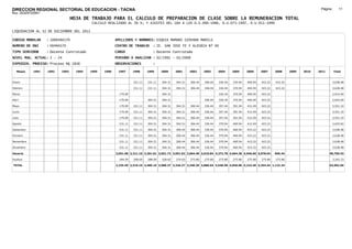 DIRECCION REGIONAL SECTORIAL DE EDUCACION - TACNA                                                                                                                                    Página:       11
Ruc :20325722941
                                 HOJA DE TRABAJO PARA EL CALCULO DE PREPARACION DE CLASE SOBRE LA REMUNERACION TOTAL
                                           CALCULO REALIZADO AL 30 %; Y AJUSTES DEL 16% A LOS D.U.090-1996, D.U.073-1997, D.U.011-1999

LIQUIDACION AL 31 DE DICIEMBRE DEL 2011

CODIGO MODULAR     : 1000494170                         APELLIDOS Y NOMBRES: ESQUIA MAMANI GIOVANA MARILU
NUMERO DE DNI      : 00494170                           CENTRO DE TRABAJO      : IE. SAN JOSE FE Y ALEGRIA N? 40
TIPO SERVIDOR      : Docente Contratado                 CARGO                  : Docente Contratado
NIVEL MAG. ACTUAL: I - 24                               PERIODO A ANALIZAR : 02/1991 - 02/2008
EXPEDIEN. PROCESO: Proceso N§ 1836                      OBSERVACIONES          :

   Meses    1991   1992   1993     1994   1995   1996    1997      1998     1999     2000     2001     2002     2003     2004     2005     2006     2007     2008     2009   2010   2011       Total



Enero                                                              231.11   231.11   304.31   304.31   306.44   306.44   336.44   370.94   400.94   423.22   423.22                            3,638.48

Febrero                                                            231.11   231.11   304.31   304.31   306.44   306.44   336.44   370.94   400.94   423.22   423.22                            3,638.48

Marzo                                                     179.09                     304.31                              336.44   370.94   400.94   423.22                                     2,014.94

Abril                                                     179.09            304.31   304.31                     306.44   336.44   370.94   400.94   423.22                                     2,625.69

Mayo                                                      179.09   231.11   304.31   304.31   304.31   306.44   336.44   357.44   391.94   412.49   423.22                                     3,551.10

Junio                                                     179.09   231.11   304.31   304.31   304.31   306.44   336.44   357.44   391.94   412.49   423.22                                     3,551.10

Julio                                                     179.09   231.11   304.31   304.31   304.31   306.44   336.44   357.44   391.94   412.49   423.22                                     3,551.10

Agosto                                                    231.11   231.11   304.31   304.31   304.31   306.44   336.44   370.94   400.94   412.49   423.22                                     3,625.62

Setiembre                                                 231.11   231.11   304.31   304.31   306.44   306.44   336.44   370.94   400.94   423.22   423.22                                     3,638.48

Octubre                                                   231.11   231.11   304.31   304.31   306.44   306.44   336.44   370.94   400.94   423.22   423.22                                     3,638.48

Noviembre                                                 231.11   231.11   304.31   304.31   306.44   306.44   336.44   370.94   400.94   423.22   423.22                                     3,638.48

Diciembre                                                 231.11   231.11   304.31   304.31   306.44   306.44   336.44   370.94   400.94   423.22   423.22                                     3,638.48

Usuario                                                 2,051.00 2,311.10 3,201.01 3,651.72 3,051.62 3,064.40 3,610.84 4,272.78 4,664.28 4,946.60 5,078.64   846.44                        40,750.43

Essalud                                                   184.59   208.00   288.09   328.65   274.65   275.80   275.80   275.80   275.80   275.80   275.80   275.80                            3,242.23

TOTAL                                                   2,235.59 2,519.10 3,489.10 3,980.37 3,326.27 3,340.20 3,886.64 4,548.58 4,940.08 5,222.40 5,354.44 1,122.24                        43,992.66
 