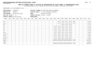DIRECCION REGIONAL SECTORIAL DE EDUCACION - TACNA                                                                                                                           Página:      146
Ruc :20325722941
                                 HOJA DE TRABAJO PARA EL CALCULO DE PREPARACION DE CLASE SOBRE LA REMUNERACION TOTAL
                                           CALCULO REALIZADO AL 30 %; Y AJUSTES DEL 16% A LOS D.U.090-1996, D.U.073-1997, D.U.011-1999

LIQUIDACION AL 31 DE DICIEMBRE DEL 2011

CODIGO MODULAR     : 1000494712                         APELLIDOS Y NOMBRES: CALIZAYA PERCA SONIA ALEJANDRINA
NUMERO DE DNI      : 00494712                           CENTRO DE TRABAJO   : IE. 42003 GREGORIO ALBARRACIN
TIPO SERVIDOR      : Docente Contratado                 CARGO               : Docente Contratado
NIVEL MAG. ACTUAL: I - 24                               PERIODO A ANALIZAR : 02/1991 - 02/2008
EXPEDIEN. PROCESO: Proceso N§ 1841                      OBSERVACIONES       :

   Meses    1991   1992   1993     1994   1995   1996    1997   1998    1999    2000   2001   2002    2003      2004     2005     2006     2007     2008     2009   2010   2011       Total



Enero                                                                                                           168.23   340.04   384.23   387.96   387.96                            1,668.42

Febrero                                                                                                         168.23   340.04   384.23   387.96   387.96                            1,668.42

Marzo                                                                                                                    340.04   384.23   387.96                                     1,112.23

Abril                                                                                                  153.23   168.23   340.04   384.23   387.96                                     1,433.69

Mayo                                                                                                   168.23   327.66   375.60   378.13   387.96                                     1,637.58

Junio                                                                                                  168.23   327.66   375.60   378.13   387.96                                     1,637.58

Julio                                                                                                  168.23   327.66   375.60   378.13   387.96                                     1,637.58

Agosto                                                                                                 168.23   340.04   384.23   378.13   387.96                                     1,658.59

Setiembre                                                                                              168.23   340.04   384.23   387.96   387.96                                     1,668.42

Octubre                                                                                                168.23   340.04   384.23   387.96   387.96                                     1,668.42

Noviembre                                                                                              168.23   340.04   384.23   387.96   387.96                                     1,668.42

Diciembre                                                                                              168.23   340.04   384.23   387.96   387.96                                     1,668.42

Usuario                                                                                              1,499.07 3,187.87 4,408.11 4,601.28 4,655.52   775.92                        19,127.77

Essalud                                                                                                                                                                               1,342.16

TOTAL                                                                                                1,499.07 3,187.87 4,408.11 4,601.28 4,655.52   775.92                        20,469.93
 