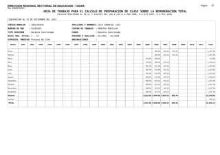 DIRECCION REGIONAL SECTORIAL DE EDUCACION - TACNA                                                                                                                          Página:       67
Ruc :20325722941
                                 HOJA DE TRABAJO PARA EL CALCULO DE PREPARACION DE CLASE SOBRE LA REMUNERACION TOTAL
                                           CALCULO REALIZADO AL 30 %; Y AJUSTES DEL 16% A LOS D.U.090-1996, D.U.073-1997, D.U.011-1999

LIQUIDACION AL 31 DE DICIEMBRE DEL 2011

CODIGO MODULAR     : 1001285830                         APELLIDOS Y NOMBRES: CALA CARBAJAL LUIS
NUMERO DE DNI      : 01285830                           CENTRO DE TRABAJO   : PROEPSA POCOLLAY
TIPO SERVIDOR      : Docente Contratado                 CARGO               : Docente Contratado
NIVEL MAG. ACTUAL: I - 24                               PERIODO A ANALIZAR : 02/1991 - 02/2008
EXPEDIEN. PROCESO: Proceso N§ 5194                      OBSERVACIONES       :

   Meses    1991   1992   1993     1994   1995   1996    1997   1998    1999    2000   2001      2002   2003   2004    2005      2006     2007     2008     2009   2010   2011       Total



Enero                                                                                                                            400.94   423.22   423.22                            1,247.38

Febrero                                                                                                                          400.94   423.22   423.22                            1,247.38

Marzo                                                                                                                   370.94   400.94                                               771.88

Abril                                                                                                                   370.94   400.94   423.22                                     1,195.10

Mayo                                                                                                                    391.94   412.49   423.22                                     1,227.65

Junio                                                                                                                   391.94   412.49   423.22                                     1,227.65

Julio                                                                                                                   391.94   412.49   423.22                                     1,227.65

Agosto                                                                                                                  400.94   412.49   423.22                                     1,236.65

Setiembre                                                                                                               400.94   423.22   423.22                                     1,247.38

Octubre                                                                                                                 400.94   423.22   423.22                                     1,247.38

Noviembre                                                                                                               400.94   423.22   423.22                                     1,247.38

Diciembre                                                                                                               400.94   423.22   423.22                                     1,247.38

Usuario                                                                                                               3,922.40 4,946.60 4,655.42   846.44                        14,370.86

Essalud                                                                                                                                                                               965.30

TOTAL                                                                                                                 3,922.40 4,946.60 4,655.42   846.44                        15,336.16
 