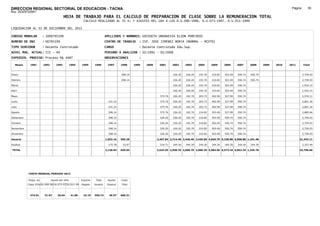 DIRECCION REGIONAL SECTORIAL DE EDUCACION - TACNA                                                                                                                                                      Página:       93
Ruc :20325722941
                                          HOJA DE TRABAJO PARA EL CALCULO DE PREPARACION DE CLASE SOBRE LA REMUNERACION TOTAL
                                                         CALCULO REALIZADO AL 35 %; Y AJUSTES DEL 16% A LOS D.U.090-1996, D.U.073-1997, D.U.011-1999

LIQUIDACION AL 31 DE DICIEMBRE DEL 2011

CODIGO MODULAR          : 1000795199                                        APELLIDOS Y NOMBRES: GOYZUETA URDANIVIA ELION PORFIRIO
NUMERO DE DNI           : 00795199                                          CENTRO DE TRABAJO      : ISP. JOSE JIMENEZ BORJA (NORMAL - MIXTO)
TIPO SERVIDOR           : Docente Contratado                                CARGO                  : Docente Contratado Edu.Sup.
NIVEL MAG. ACTUAL: III - 40                                                 PERIODO A ANALIZAR : 02/1991 - 02/2008
EXPEDIEN. PROCESO: Proceso N§ 4487                                          OBSERVACIONES          :

   Meses     1991       1992       1993         1994    1995      1996       1997      1998     1999   2000    2001      2002     2003     2004     2005     2006     2007     2008     2009   2010   2011       Total



Enero                                                                                  298.14                            226.20   226.20   192.70   210.82   503.49   550.74   550.74                            2,759.03

Febrero                                                                                298.14                            226.20   226.20   192.70   210.82   503.49   550.74   550.74                            2,759.03

Marzo                                                                                                                    226.20   226.20   192.70   210.82   503.49   550.74                                     1,910.15

Abril                                                                                                                    226.20   226.20   192.70   210.82   503.49   550.74                                     1,910.15

Mayo                                                                                                            375.76   226.20   192.70   203.73   492.99   527.99   550.74                                     2,570.11

Junio                                                                         231.23                            375.76   226.20   192.70   203.73   492.99   527.99   550.74                                     2,801.34

Julio                                                                         231.23                            375.76   226.20   192.70   203.73   492.99   527.99   550.74                                     2,801.34

Agosto                                                                        298.14                            375.76   226.20   192.70   210.82   503.49   527.99   550.74                                     2,885.84

Setiembre                                                                     298.14                            226.20   226.20   192.70   210.82   503.49   550.74   550.74                                     2,759.03

Octubre                                                                       298.14                            226.20   226.20   192.70   210.82   503.49   550.74   550.74                                     2,759.03

Noviembre                                                                     298.14                            226.20   226.20   192.70   210.82   503.49   550.74   550.74                                     2,759.03

Diciembre                                                                     298.14                            226.20   226.20   192.70   210.82   503.49   550.74   550.74                                     2,759.03

Usuario                                                                     1,953.16   596.28                 2,407.84 2,714.40 2,446.40 2,436.09 4,839.70 6,328.88 6,608.88 1,101.48                        31,433.11

Essalud                                                                       175.78    53.67                   216.71   244.30   244.30   244.30   244.30   244.30   244.30   244.30                            2,357.49

TOTAL                                                                       2,128.94   649.95                 2,624.55 2,958.70 2,690.70 2,680.39 5,084.00 6,573.18 6,853.18 1,345.78                        33,790.60




            COSTO MENSUAL PERIODO 2012

            Prepa. de          Ajuste del 16%           Importe    Total     Aporte    Costo
            Clase 35% DU.090-96 DU.073-97 DU.011-99     Pagado    Usuario    Essalud   Total



             474.01      31.07      36.04       41.80    32.19    550.74      49.57    600.31
 