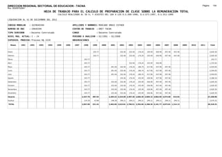 DIRECCION REGIONAL SECTORIAL DE EDUCACION - TACNA                                                                                                                                   Página:      104
Ruc :20325722941
                                 HOJA DE TRABAJO PARA EL CALCULO DE PREPARACION DE CLASE SOBRE LA REMUNERACION TOTAL
                                           CALCULO REALIZADO AL 30 %; Y AJUSTES DEL 16% A LOS D.U.090-1996, D.U.073-1997, D.U.011-1999

LIQUIDACION AL 31 DE DICIEMBRE DEL 2011

CODIGO MODULAR     : 1029640394                         APELLIDOS Y NOMBRES: MERCADO UMASI ESTHER
NUMERO DE DNI      : 29640394                           CENTRO DE TRABAJO     : DRET TACNA
TIPO SERVIDOR      : Docente Contratado                 CARGO                 : Docente Contratado
NIVEL MAG. ACTUAL: I - 24                               PERIODO A ANALIZAR : 02/1991 - 02/2008
EXPEDIEN. PROCESO: Proceso N§ 2220                      OBSERVACIONES         :

   Meses    1991   1992   1993     1994   1995   1996    1997    1998      1999     2000    2001      2002     2003     2004     2005     2006     2007     2008     2009   2010   2011       Total



Enero                                                                      243.77                     332.46   332.46   176.24   193.49   426.96   457.46   457.46                            2,620.30

Febrero                                                                    243.77                     332.46   332.46   176.24   193.49   426.96   457.46   457.46                            2,620.30

Marzo                                                             243.77                                                                                                                       243.77

Abril                                                             243.77                                       332.46   176.24   193.49   426.96                                              1,372.92

Mayo                                                              243.77                     291.46   332.46   176.24   186.74   417.96   437.96   457.46                                     2,544.05

Junio                                                             243.77                     291.46   332.46   176.24   186.74   417.96   437.96   457.46                                     2,544.05

Julio                                                             243.77                     291.46   332.46   176.24   186.74   417.96   437.96   457.46                                     2,544.05

Agosto                                                            243.77                              332.46   176.24   193.49   426.96   437.96   457.46                                     2,268.34

Setiembre                                                         243.77                     332.46   332.46   176.24   193.49   426.96   457.46   457.46                                     2,620.30

Octubre                                                           243.77                     332.46   332.46   176.24   193.49   426.96   457.46   457.46                                     2,620.30

Noviembre                                                         243.77                     332.46   332.46   176.24   193.49   426.96   457.46   457.46                                     2,620.30

Diciembre                                                         243.77                     332.46   332.46   176.24   193.49   426.96   457.46   457.46                                     2,620.30

Usuario                                                         2,437.70   487.54          2,204.22 3,324.60 2,407.30 2,056.39 3,969.15 4,862.56 4,574.60   914.92                        27,238.98

Essalud                                                           219.39    43.88            198.38   299.21   299.21   299.21   299.21   299.21   299.21   299.21                            2,079.35

TOTAL                                                           2,657.09   531.42          2,402.60 3,623.81 2,706.51 2,355.60 4,268.36 5,161.77 4,873.81 1,214.13                        29,318.33
 