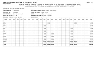 DIRECCION REGIONAL SECTORIAL DE EDUCACION - TACNA                                                                                                                           Página:       36
Ruc :20325722941
                                 HOJA DE TRABAJO PARA EL CALCULO DE PREPARACION DE CLASE SOBRE LA REMUNERACION TOTAL
                                           CALCULO REALIZADO AL 30 %; Y AJUSTES DEL 16% A LOS D.U.090-1996, D.U.073-1997, D.U.011-1999

LIQUIDACION AL 31 DE DICIEMBRE DEL 2011

CODIGO MODULAR     : 1000448610                         APELLIDOS Y NOMBRES: MAMANI FLORES SARA GRADYS
NUMERO DE DNI      : 00448610                           CENTRO DE TRABAJO   : DRET TACNA
TIPO SERVIDOR      : Docente Contratado                 CARGO               : Docente Contratado
NIVEL MAG. ACTUAL: I - 24                               PERIODO A ANALIZAR : 02/1991 - 02/2008
EXPEDIEN. PROCESO: Proceso N§ 4826                      OBSERVACIONES       :

   Meses    1991   1992   1993     1994   1995   1996    1997   1998    1999     2000      2001     2002     2003   2004   2005   2006    2007      2008     2009   2010   2011       Total



Enero                                                                                      291.46                                                   423.22                             714.68

Febrero                                                                                    291.46                                                   423.22                             714.68

Marzo                                                                             291.46                                                                                               291.46

Abril                                                                             291.46                                                                                               291.46

Mayo                                                                              291.46                                                   423.22                                      714.68

Junio                                                                             291.46                                                   423.22                                      714.68

Julio                                                                             291.46                                                   423.22                                      714.68

Agosto                                                                            291.46            306.44                                 423.22                                     1,021.12

Setiembre                                                                         291.46            306.44                                 423.22                                     1,021.12

Octubre                                                                           291.46            306.44                                 423.22                                     1,021.12

Noviembre                                                                         291.46            306.44                                 423.22                                     1,021.12

Diciembre                                                                         291.46            306.44                                 423.22                                     1,021.12

Usuario                                                                         2,914.60   582.92 1,532.20                               3,385.76   846.44                        9,261.92

Essalud                                                                           262.31    52.46   137.90                                 137.90   137.90                             728.46

TOTAL                                                                           3,176.91   635.38 1,670.10                               3,523.66   984.34                        9,990.38
 