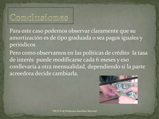 Para este caso podemos observar claramente que su
amortización es de tipo graduada o sea pagos iguales y
periódicos
Pero como observamos en las políticas de crédito la tasa
de interés puede modificarse cada 6 meses y eso
conllevaría a otra mensualidad, dependiendo si la parte
acreedora decide cambiarla.

"HCD P-16 Dellanara Santillan Mazzini"

 