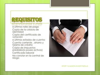 Requisitos
6 últimos roles de pago
Copia de la cédula de
identidad
Copia del certificado de
votación
6 últimos estados de cuenta:
Cuenta corriente , ahorro y
tarjeta de crédito
Copia de impuestos
prediales(si posee activos)
Certificado laboral
No constar en la central de
riesgo
HCDP-16-ALISON AVILES PADILLA

 