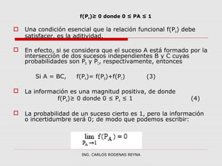 f(PA)≥ 0 donde 0 ≤ PA ≤ 1 
 Una condición esencial que la relación funcional f(PA) debe 
satisfacer, es la aditividad. 
 En efecto, si se considera que el suceso A está formado por la 
intersección de dos sucesos independientes B y C cuyas 
probabilidades son PB y PC, respectivamente, entonces 
Si A = BC, f(PA)= f(PB)+f(PC) (3) 
 La información es una magnitud positiva, de donde 
f(PA)≥ 0 donde 0 ≤ PA ≤ 1 (4) 
 La probabilidad de un suceso cierto es 1, pero la información 
o incertidumbre será 0; de modo que podemos escribir: 
ING. CARLOS RODENAS REYNA 
 