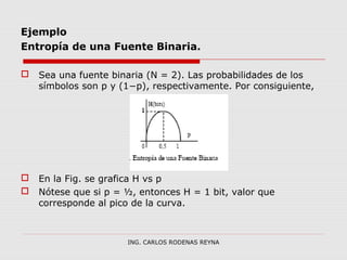 Ejemplo 
Entropía de una Fuente Binaria. 
 Sea una fuente binaria (N = 2). Las probabilidades de los 
símbolos son p y (1−p), respectivamente. Por consiguiente, 
 En la Fig. se grafica H vs p 
 Nótese que si p = ½, entonces H = 1 bit, valor que 
corresponde al pico de la curva. 
ING. CARLOS RODENAS REYNA 
 