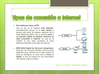 

Red telefónica básica RTB
Hoy en día es el sistema más utilizado,
principalmente porque es el más barato y
porque casi todos los lugares disponen de la
línea telefónica básica. Es un sistema lento y
no permite utilizar el teléfono mientras se
está conectado a Internet, ya que es el
modem el que está ocupando la línea
telefónica llamando al servidor de Internet.



RDSI (Red Digital de Servicios Integrados).
Este tipo de conexión también utiliza la línea
telefónica pero mientras en el caso anterior la
línea es analógica, en este caso la línea es
digital, lo que se traduce en una transmisión
más rápida, segura y eficaz.
HCD P-16 JAMILET CONTRERA PARRA

 