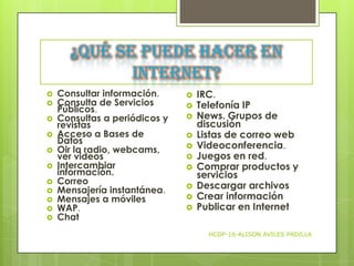 ¿Qué se puede hacer en
Internet?













Consultar información.
Consulta de Servicios
Públicos.
Consultas a periódicos y
revistas
Acceso a Bases de
Datos
Oir la radio, webcams,
ver videos
Intercambiar
información.
Correo
Mensajería instantánea.
Mensajes a móviles
WAP.
Chat












IRC.
Telefonía IP
News. Grupos de
discusión
Listas de correo web
Videoconferencia.
Juegos en red.
Comprar productos y
servicios
Descargar archivos
Crear información
Publicar en Internet
HCDP-16-ALISON AVILES PADILLA

 