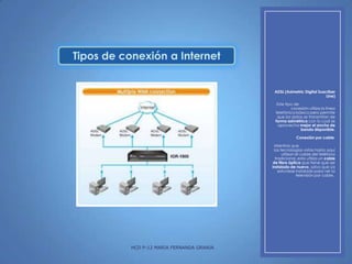 ADSL (Asimetric Digital Suscriber
Line)
Este tipo de
conexión utiliza la línea
telefónica básica pero permite
que los datos se transmitan de
forma asimétrica con lo cual se
aprovecha mejor el ancho de
banda disponible.
Conexión por cable
Mientras que
las tecnologías vistas hasta aquí
utilizan el cable del teléfono
tradicional, esta utiliza un cable
de fibra óptica que tiene que ser
instalado de nuevo, salvo que ya
estuviese instalado para ver la
televisión por cable.

HCD P-12 MARIA FERNANDA GRANJA

 