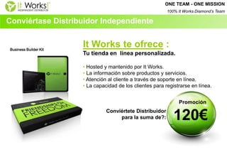 Business Builder Kit 
Conviértase Distribuidor Independiente 
Promoción 
120€ 
It Works te ofrece : Tu tienda en línea personalizada. 
• Hosted y mantenido por It Works. 
• La información sobre productos y servicios. 
• Atención al cliente a través de soporte en línea. 
• La capacidad de los clientes para registrarse en línea. 
Conviértete Distribuidor 
para la suma de?: 
ONE TEAM - ONE MISSION 100% It Works Diamond’s Team  