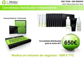 650€ 
Realice un volumen de negocios: 1500 € TTC 
Business Builder Kit + Pack Booster 
Conviértase Distribuidor Independiente 
Conviértete Distribuidor para la suma de?: 
ONE TEAM - ONE MISSION 100% It Works Diamond’s Team  