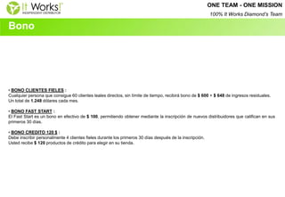 Bono 
• BONO CLIENTES FIELES : Cualquier persona que consigue 60 clientes leales directos, sin límite de tiempo, recibirá bono de $ 600 + $ 648 de ingresos residuales. Un total de 1.248 dólares cada mes. 
• BONO FAST START : El Fast Start es un bono en efectivo de $ 100, permitiendo obtener mediante la inscripción de nuevos distribuidores que califican en sus primeros 30 días. 
• BONO CREDITO 120 $ : Debe inscribir personalmente 4 clientes fieles durante los primeros 30 días después de la inscripción. Usted recibe $ 120 productos de crédito para elegir en su tienda. 
ONE TEAM - ONE MISSION 
100% It Works Diamond’s Team  