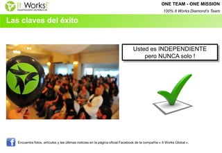 Las claves del éxito 
Usted es INDEPENDIENTE 
pero NUNCA solo ! 
Encuentra fotos, artículos y las últimas noticias en la página oficial Facebook de la compañía « It Works Global ». 
ONE TEAM - ONE MISSION 
100% It Works Diamond’s Team  